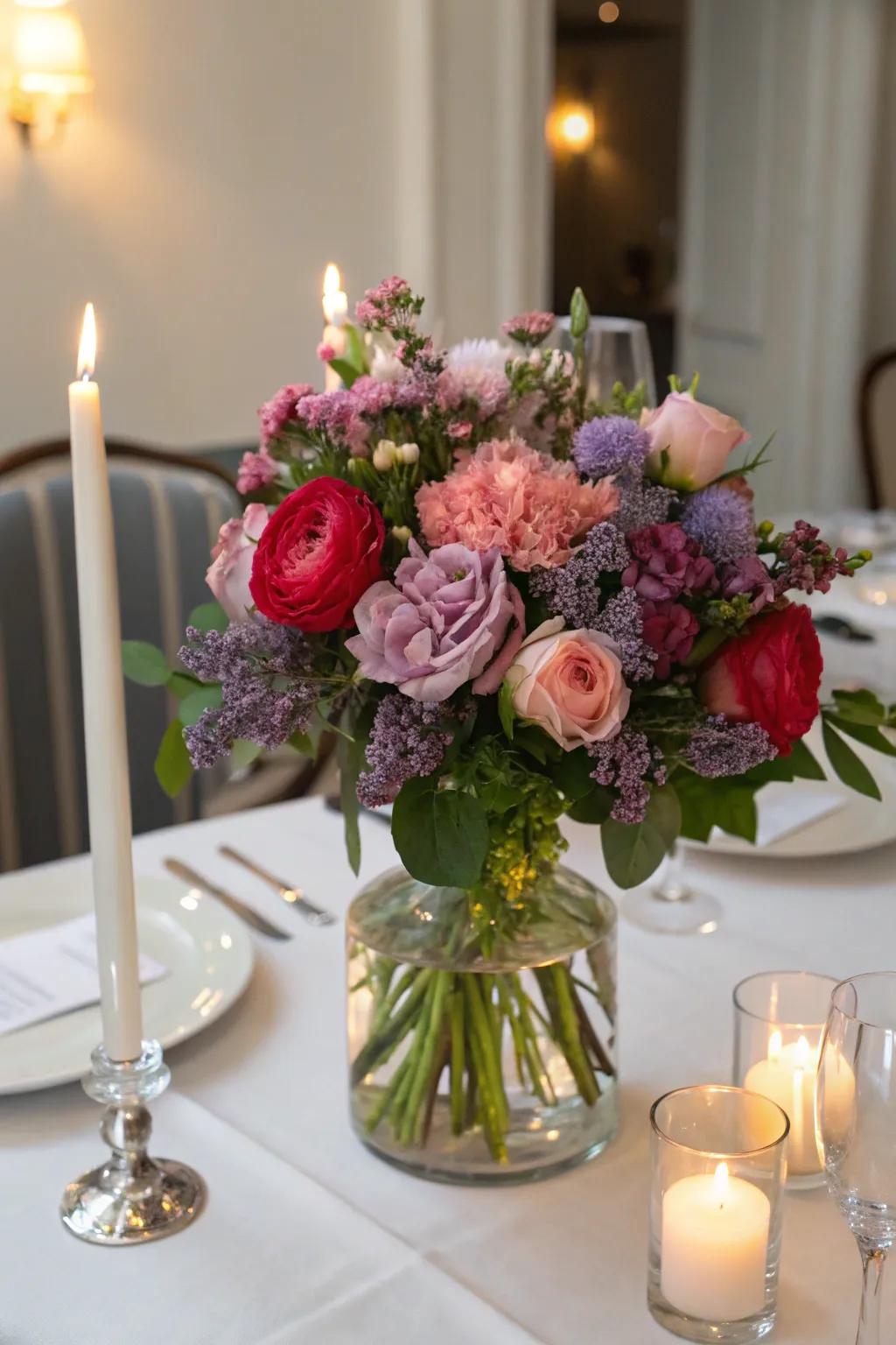 Mixed flowers create a lush and inviting centerpiece.