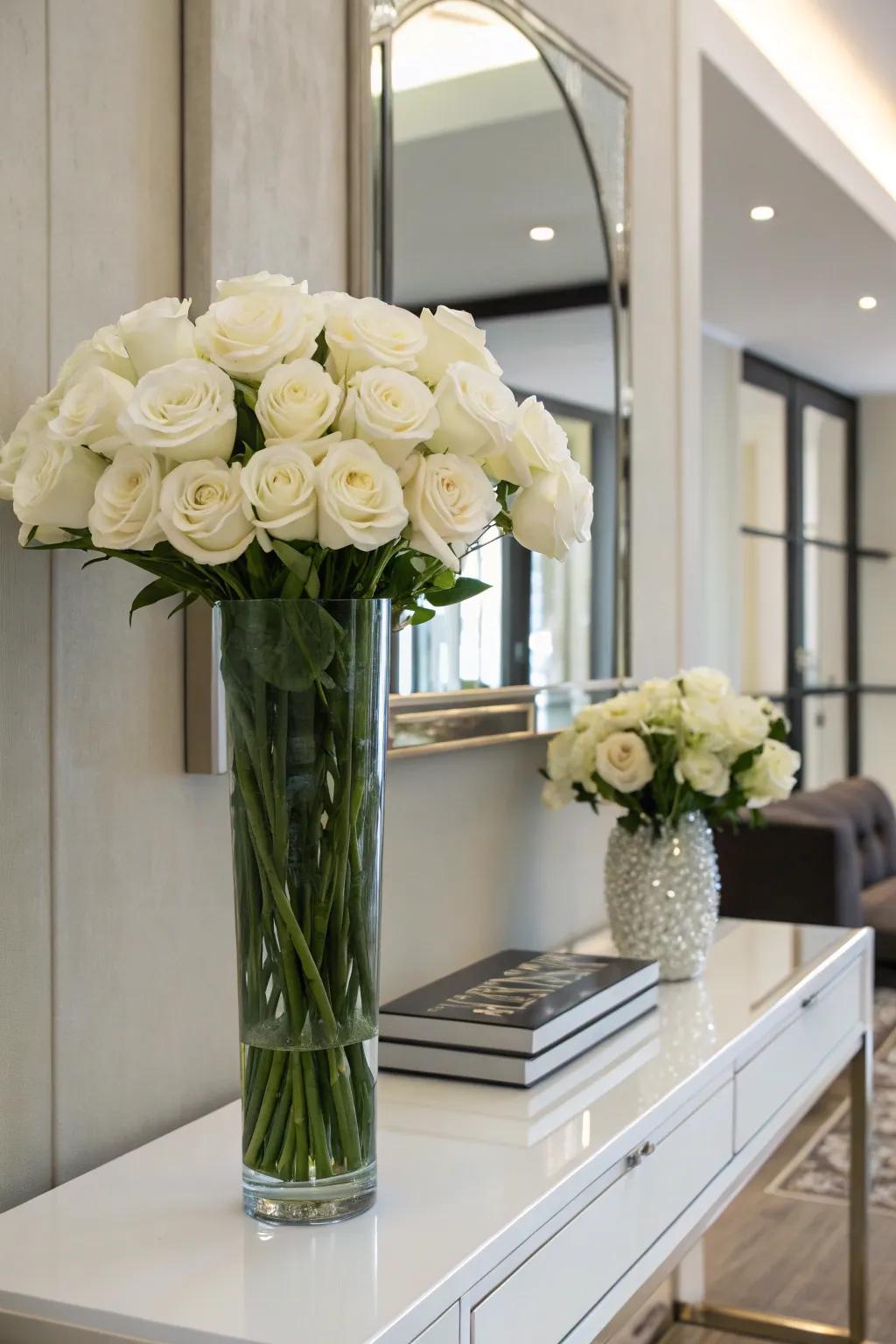 White roses in glass create a clean, elegant look.