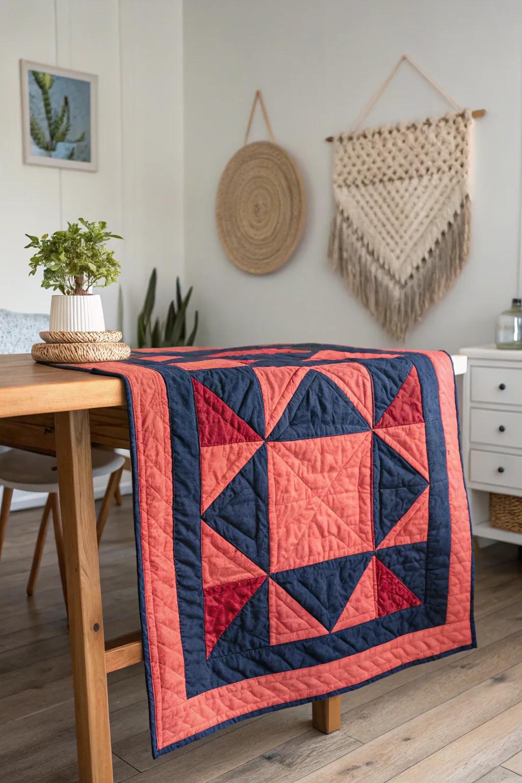 Embrace the beauty of contrasts with a bold indigo and coral quilt border, perfect for adding a touch of elegance and artistry to your minimalist space.