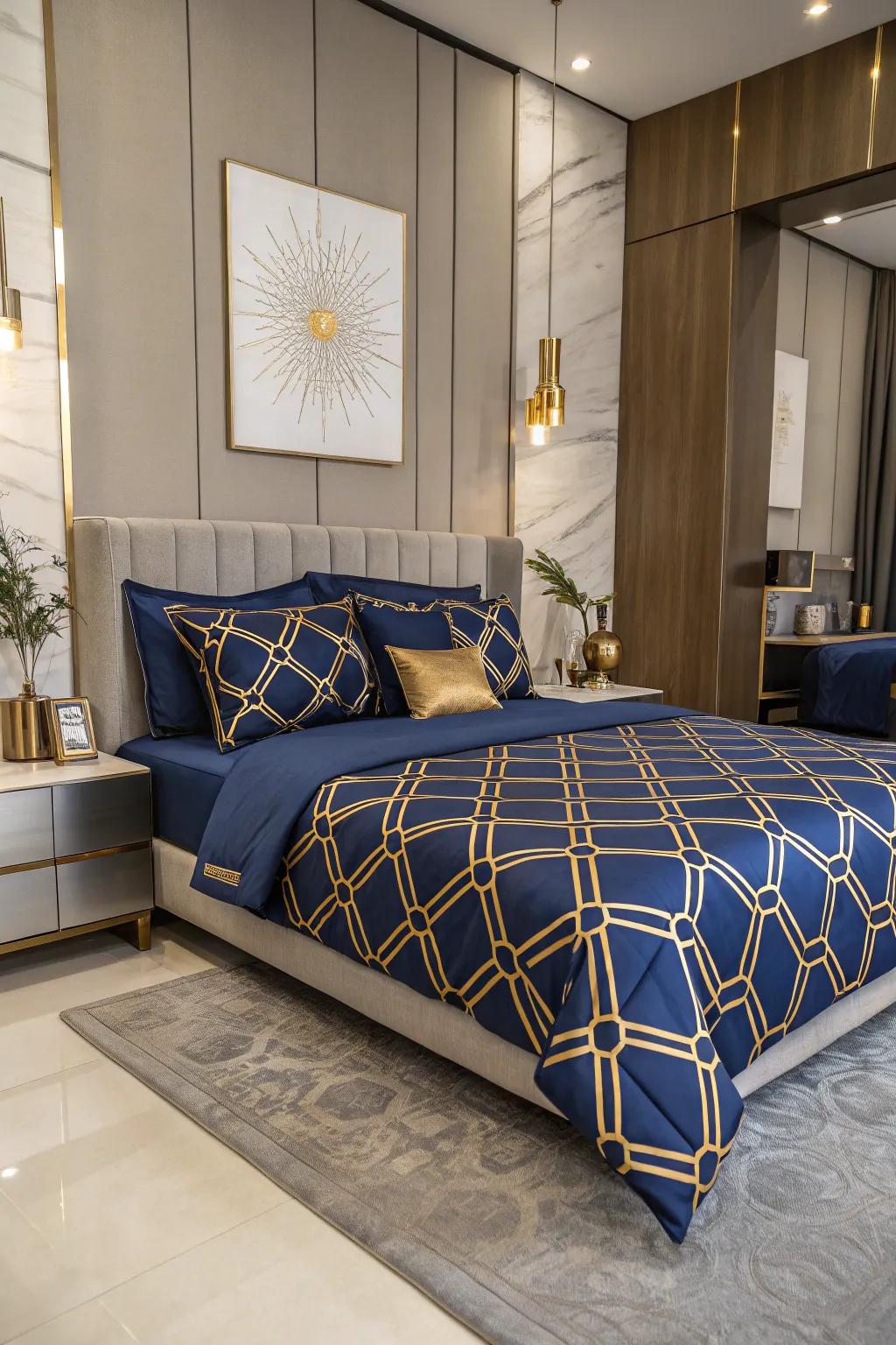 Geometric patterns in royal blue and gold add a modern twist.