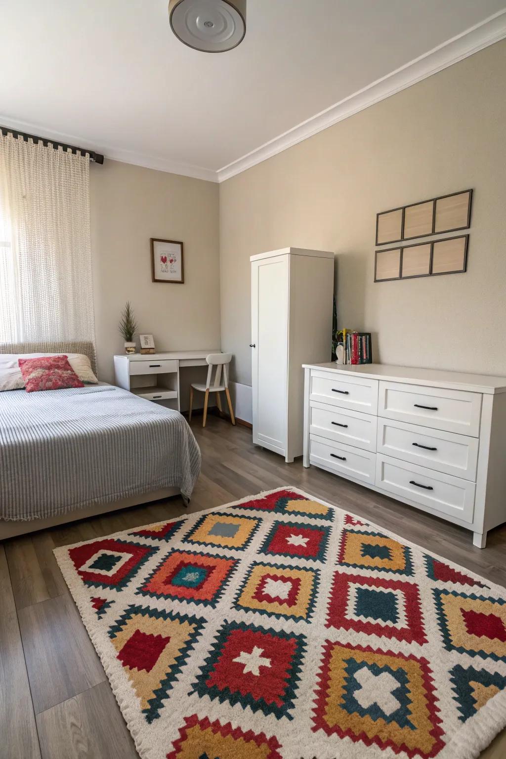 A geometric patterned rug adds a vibrant touch to a minimalist bedroom.