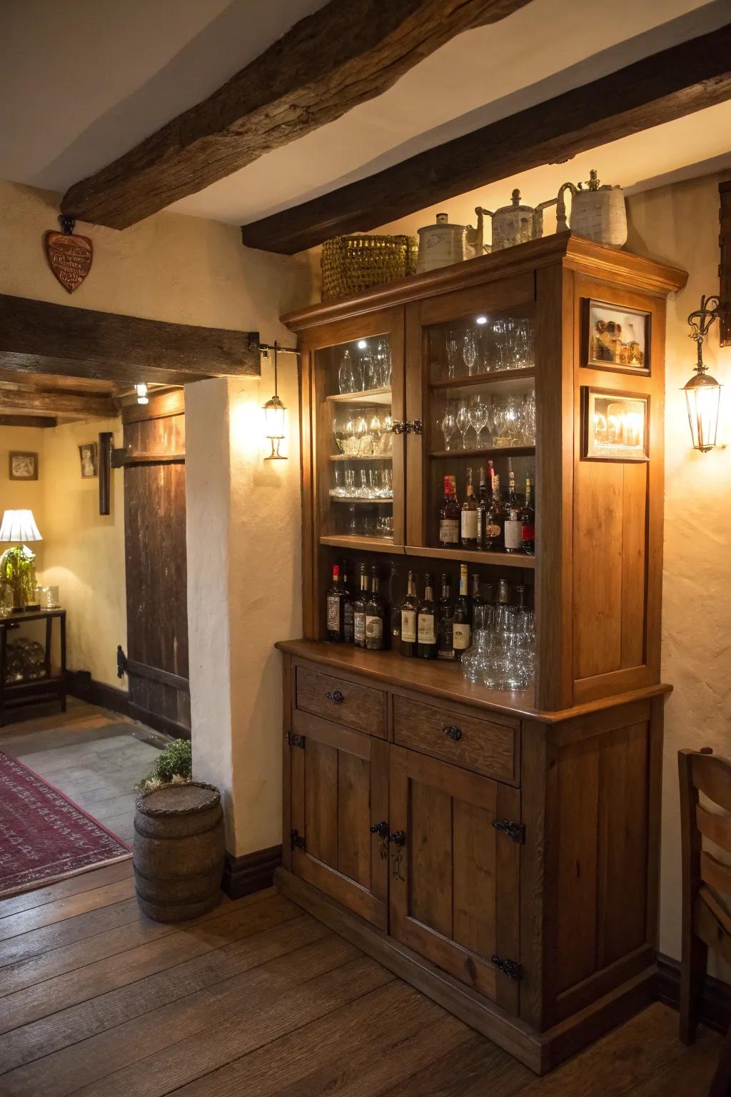 A corner bar cabinet that maximizes space and adds warmth.