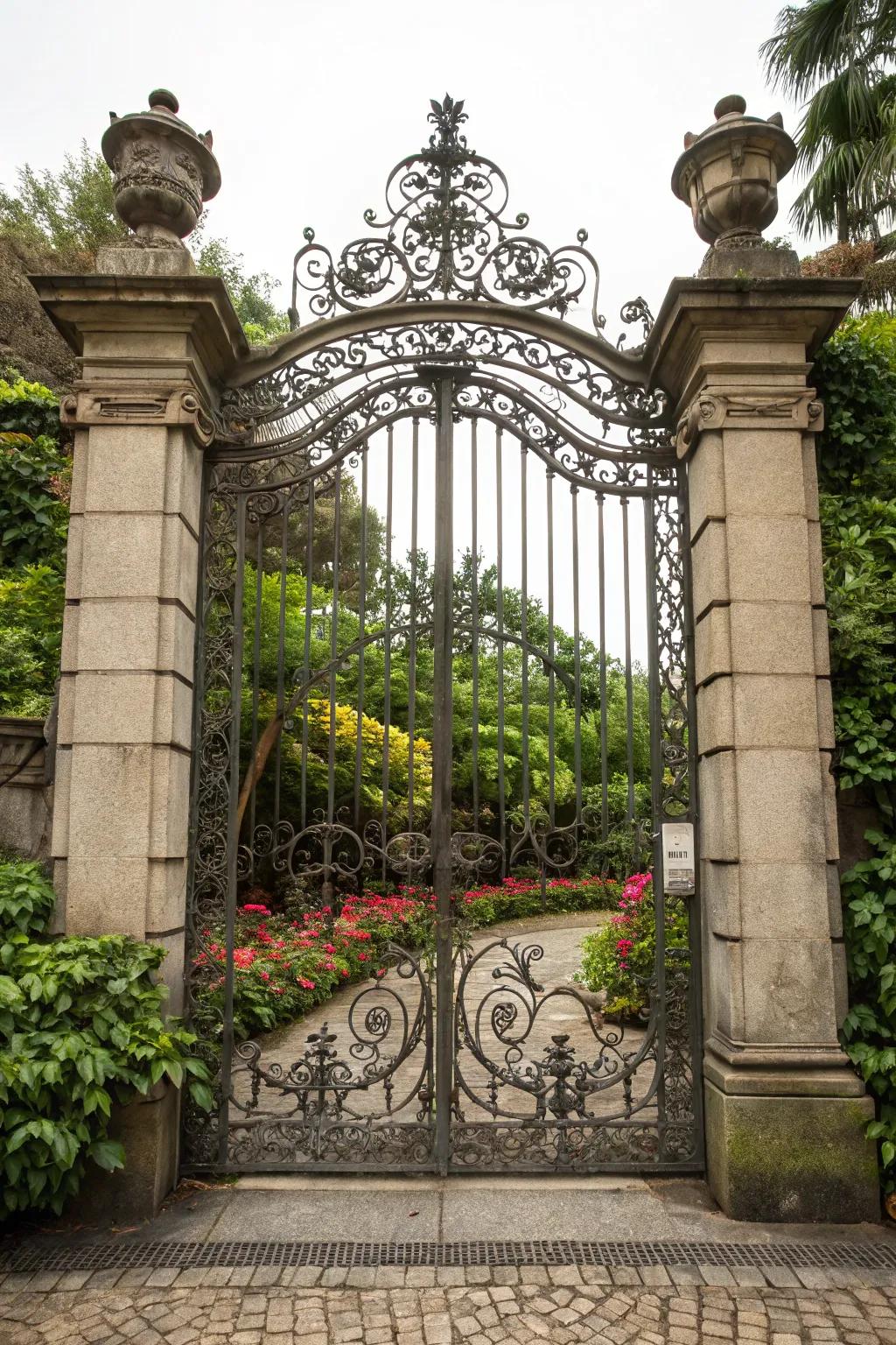 Wrought iron gates add elegance and strength to farm entrances.