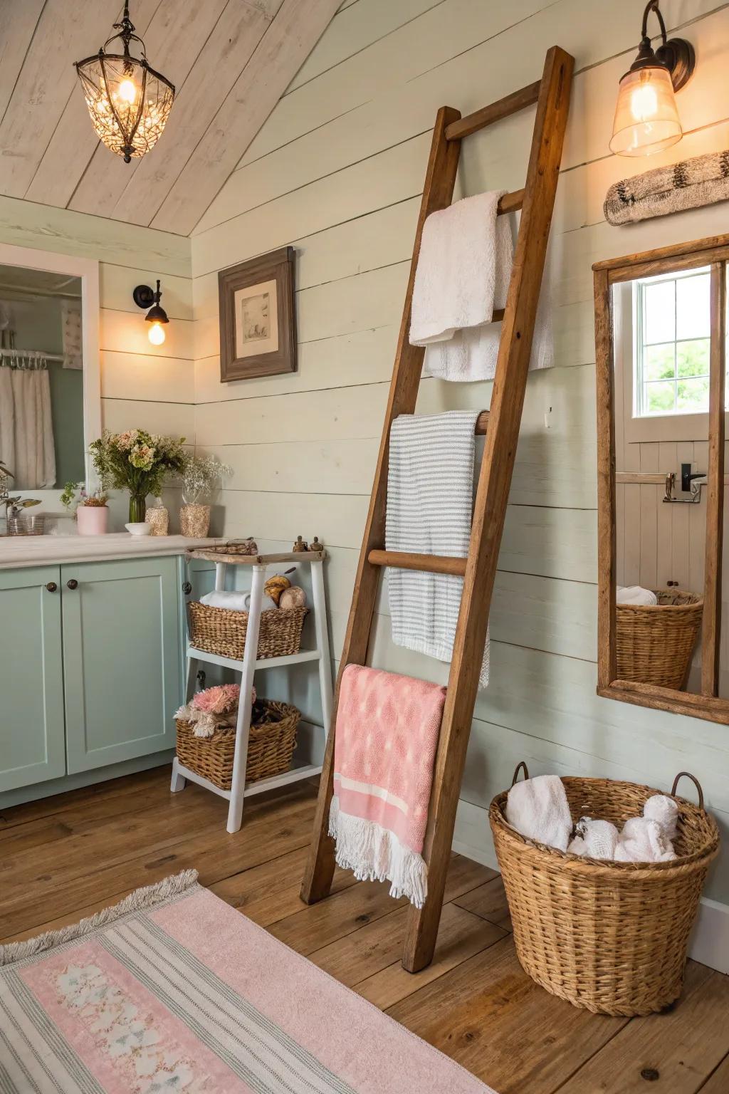 A farmhouse ladder adds rustic charm and functionality.