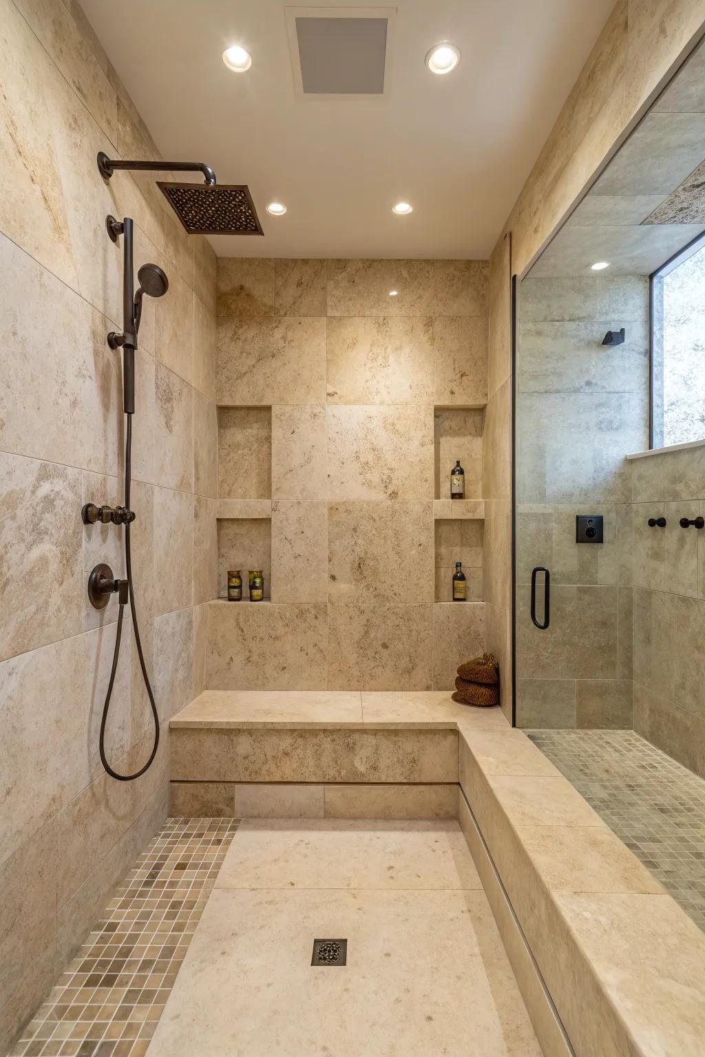 Transform your shower into a serene oasis with elegant travertine walls.