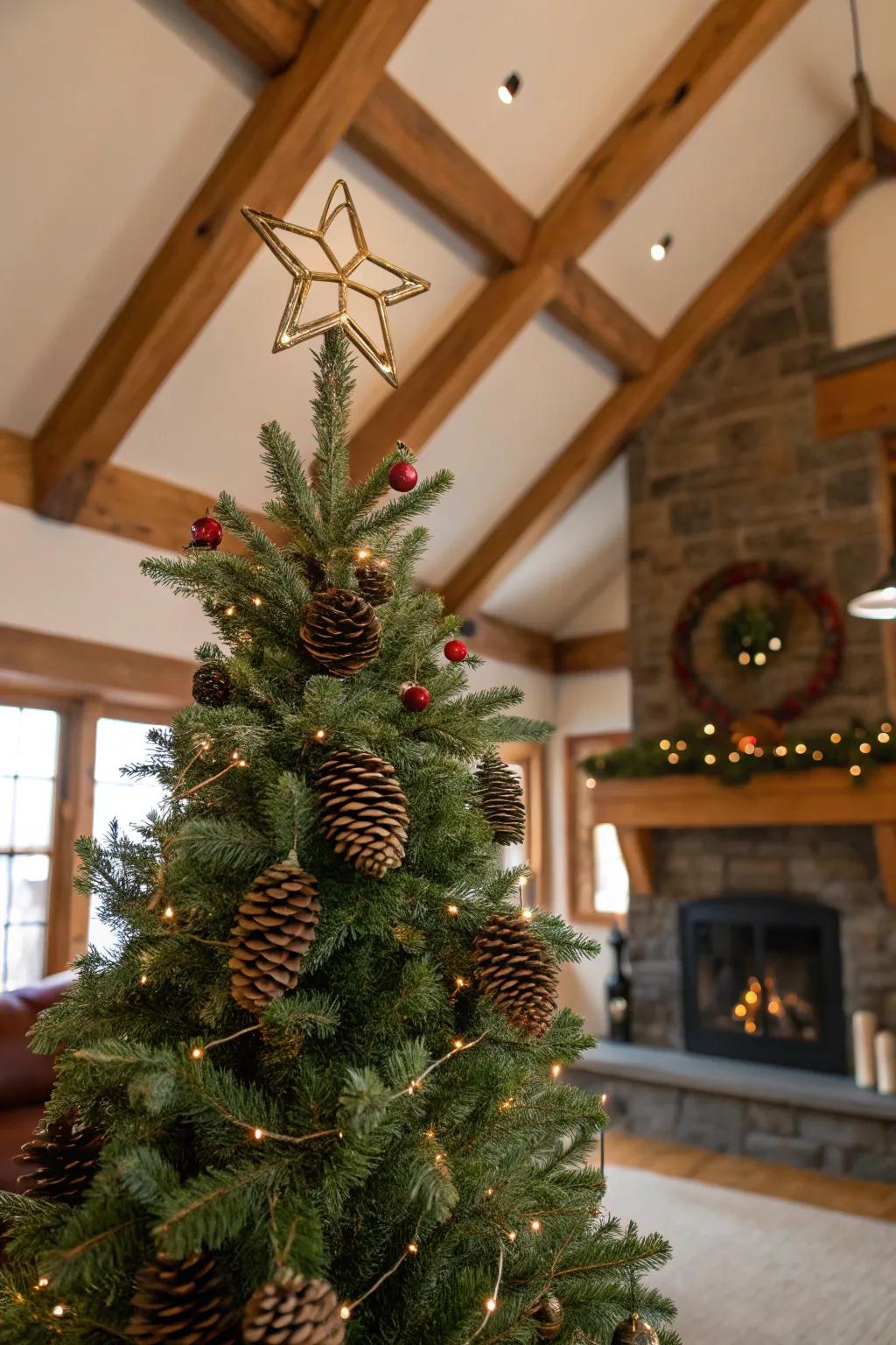 A cluster of pinecones adds a natural, rustic charm to the Christmas tree.