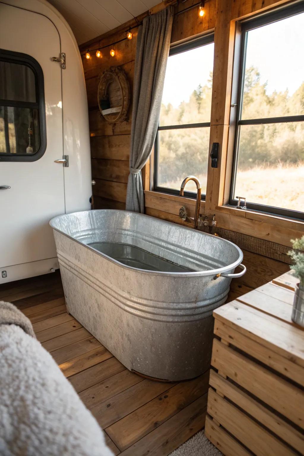 Transform your RV into a rustic retreat with a galvanized stock tank bathtub.