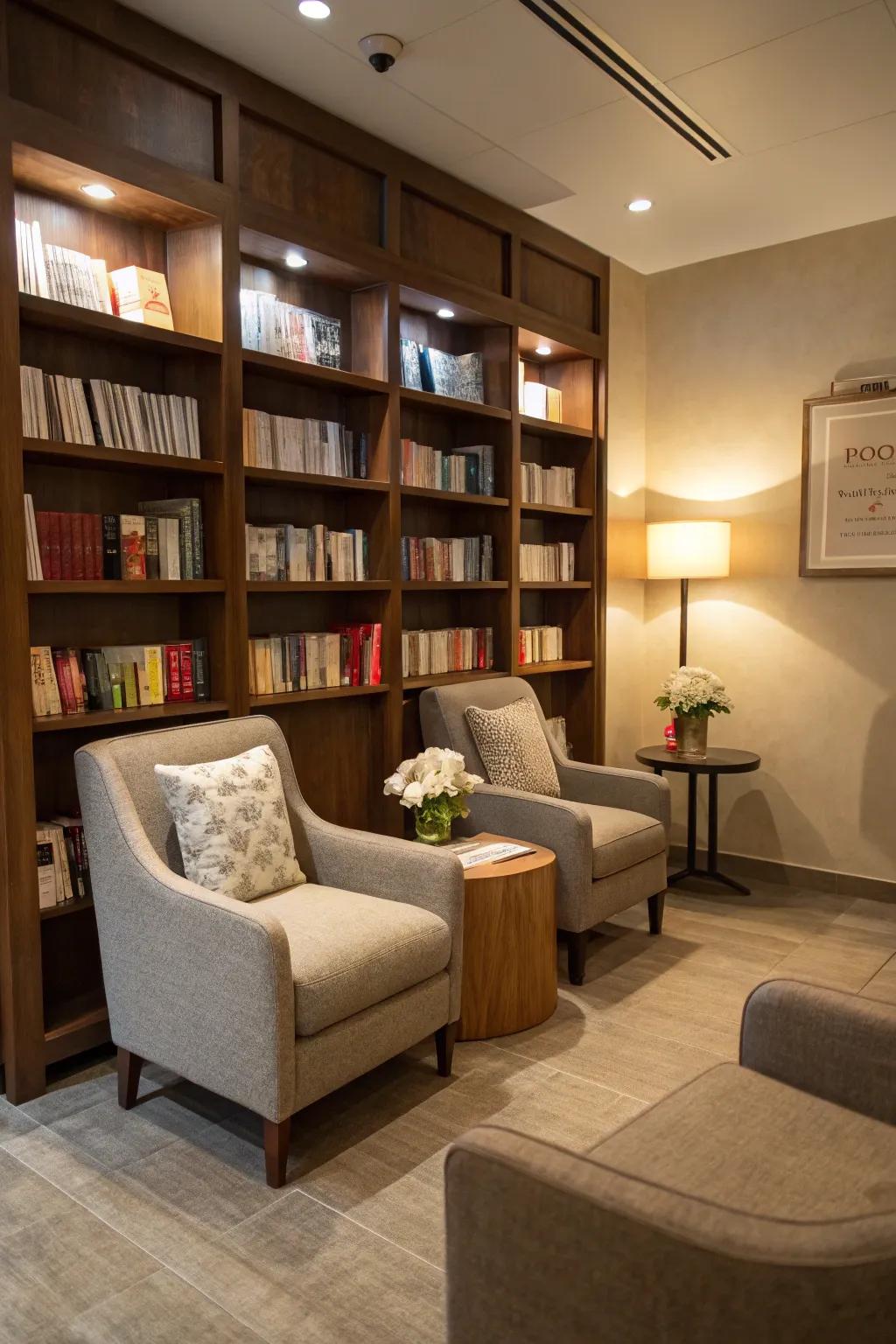 A mini library in the salon makes waiting enjoyable for book enthusiasts.