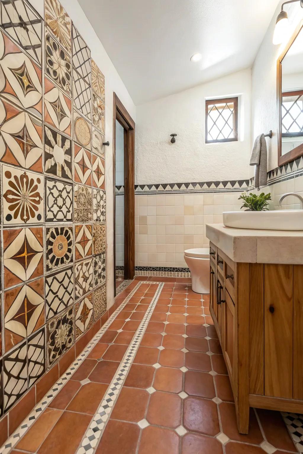 A stylish bathroom featuring Saltillo tile flooring and geometric patterned wall tiles.