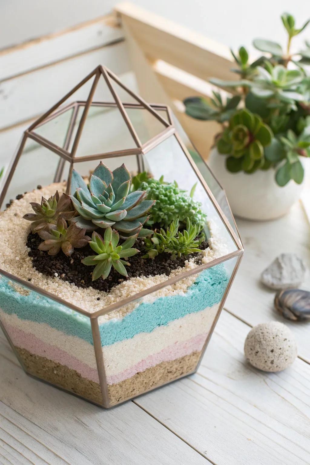Bring the beach to your desk with a beautiful sand art terrarium, a perfect blend of simplicity and natural elegance.