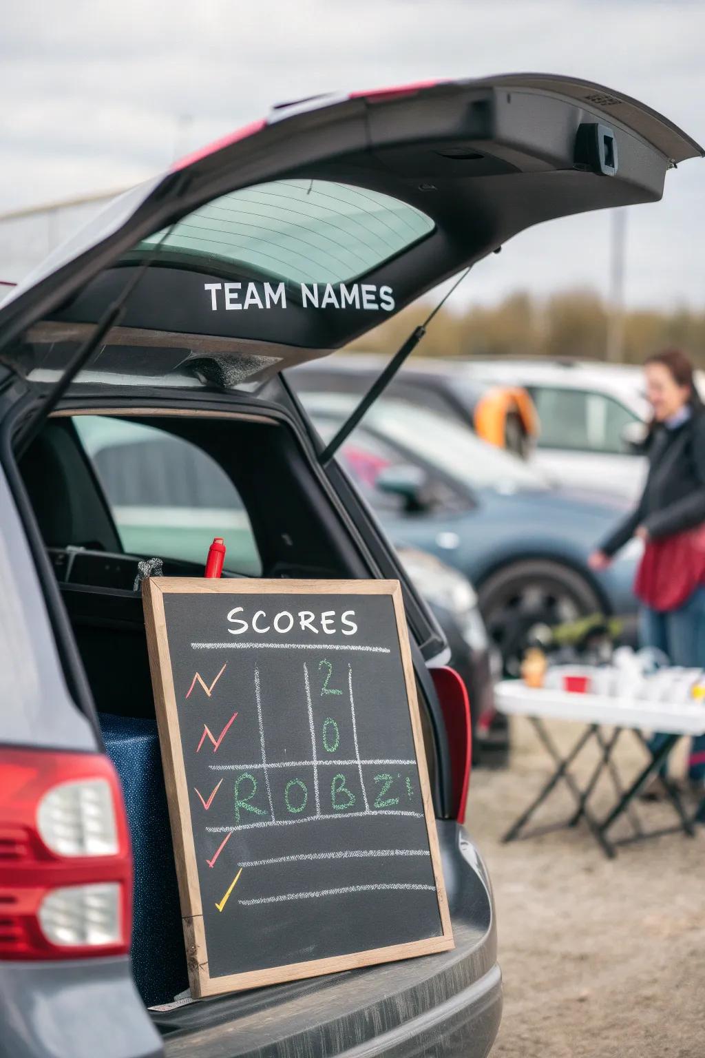 A homemade scoreboard adds an interactive touch to any trunk or treat.