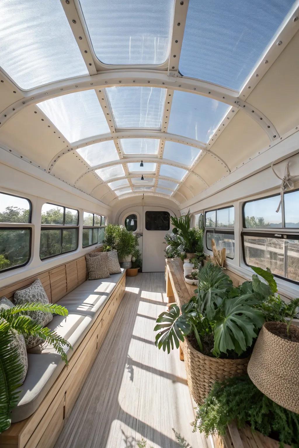 Bask in the beauty of natural light with a stunning skylight in your school bus greenhouse.