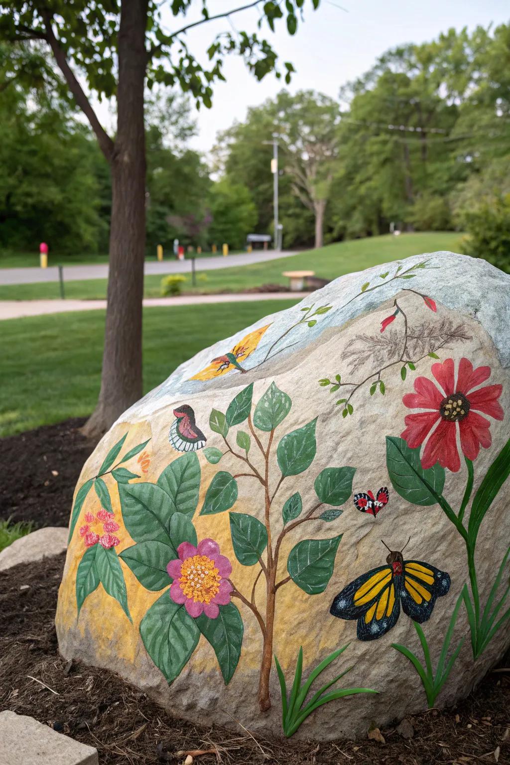 A beautiful nature-themed rock painting, bringing the outdoors to life.