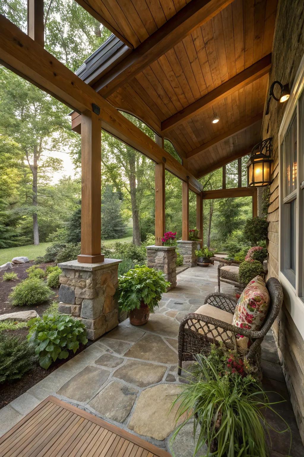 Natural elements add warmth and tranquility to your screened porch.