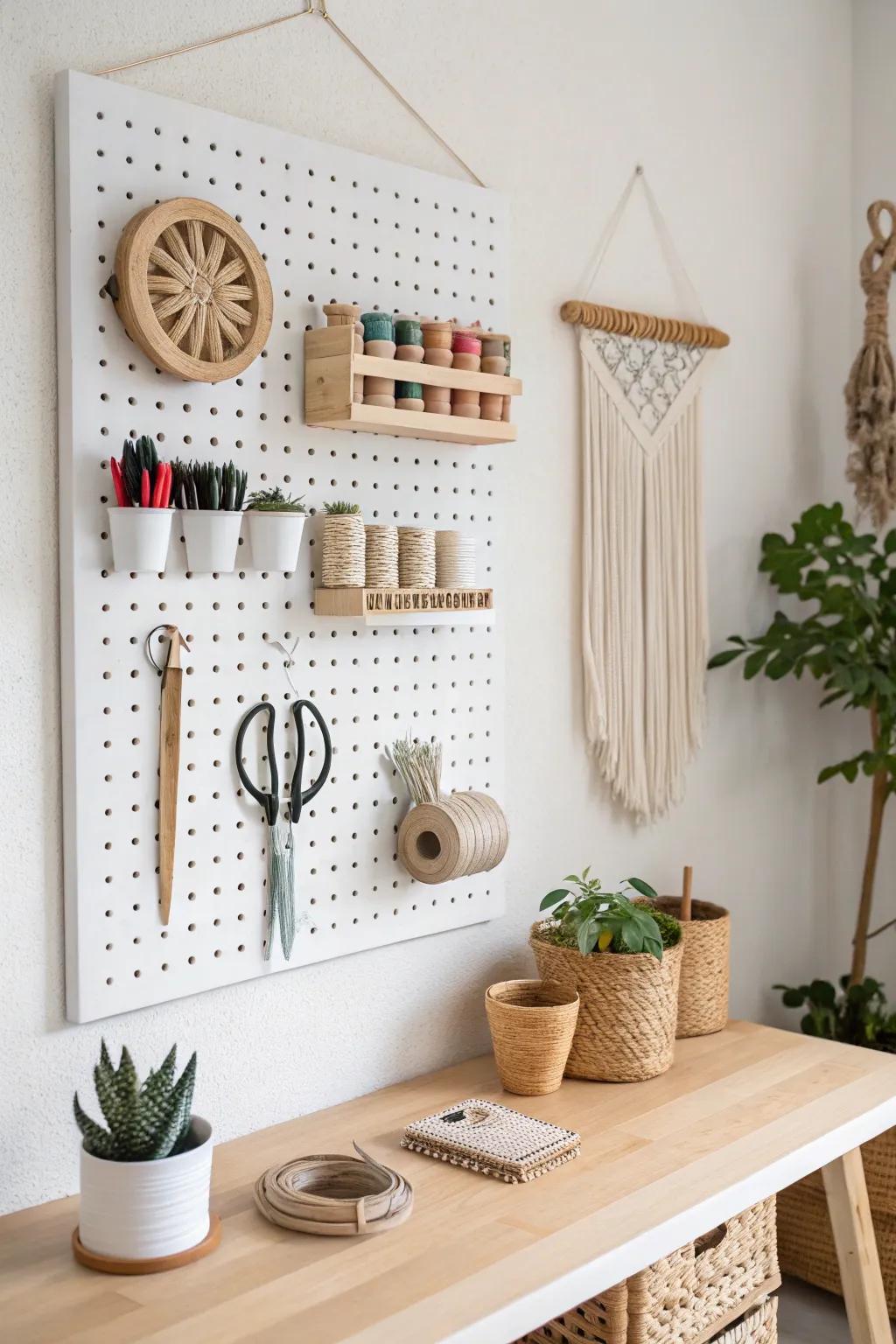 Transform your sewing space with a stylish pegboard wall organizer that blends Scandinavian minimalism with a touch of boho charm.