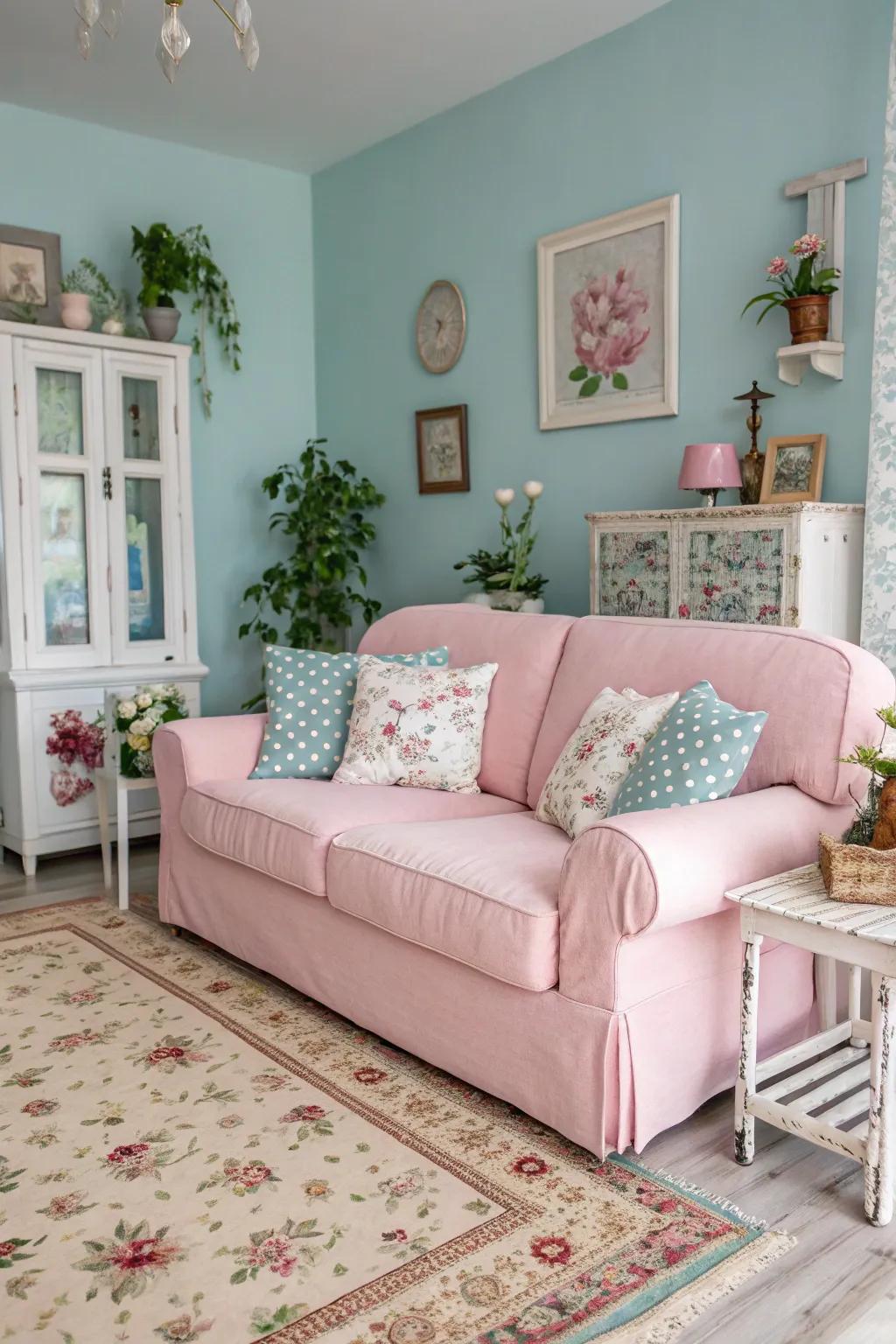 Soft pastel hues transform a living room into a serene shabby chic space.