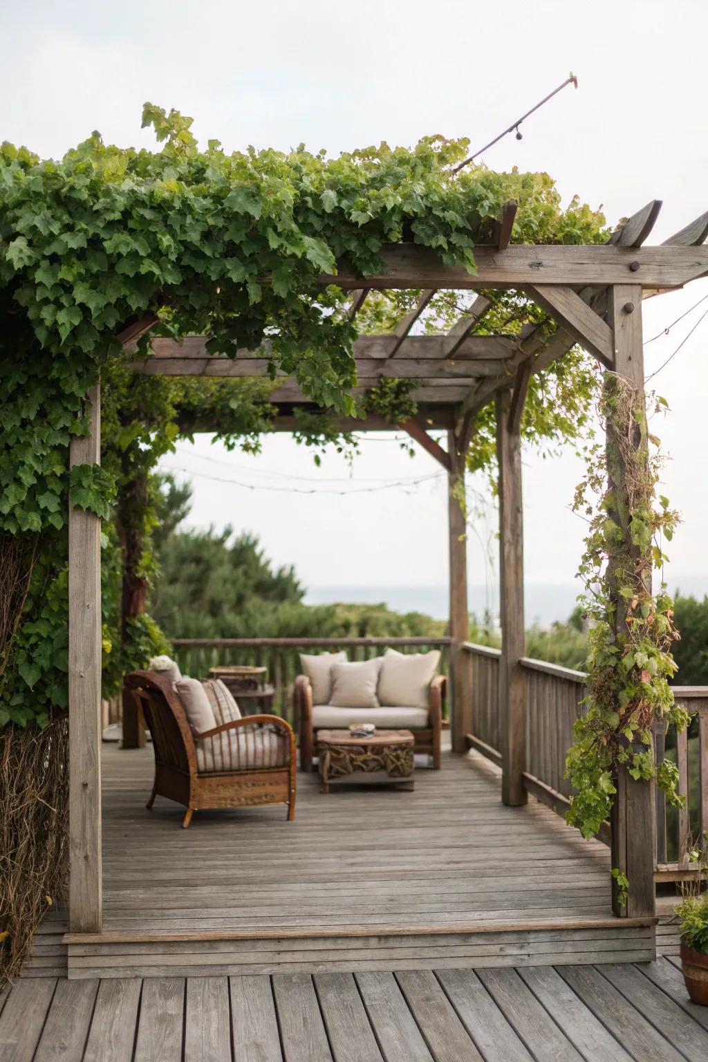 A rustic pergola with climbing vines offers shade and elegance.