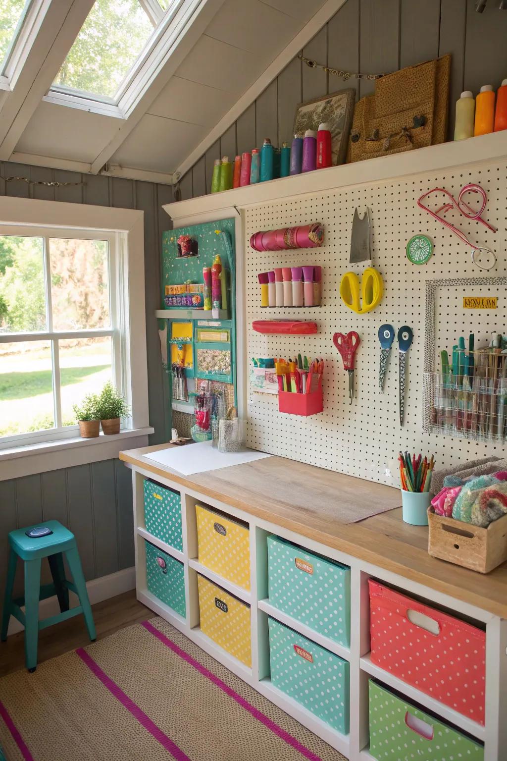 Pegboards provide a stylish and efficient storage solution in a she shed.