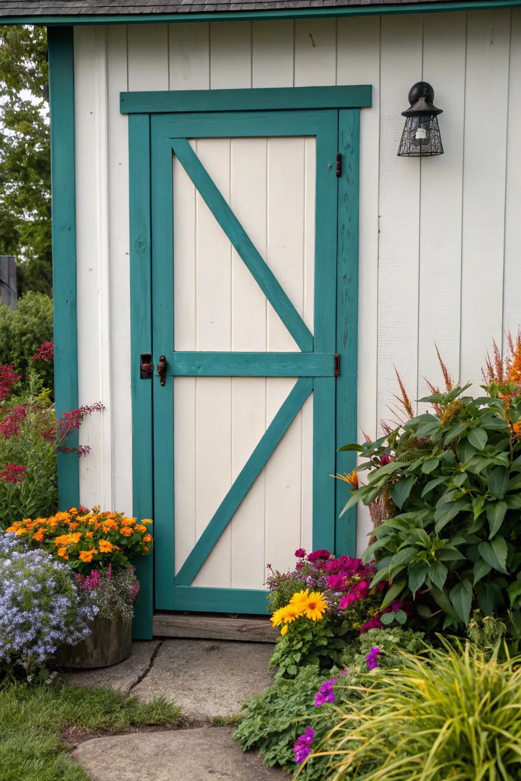 A bold teal trim makes this shed door a standout feature in the garden.