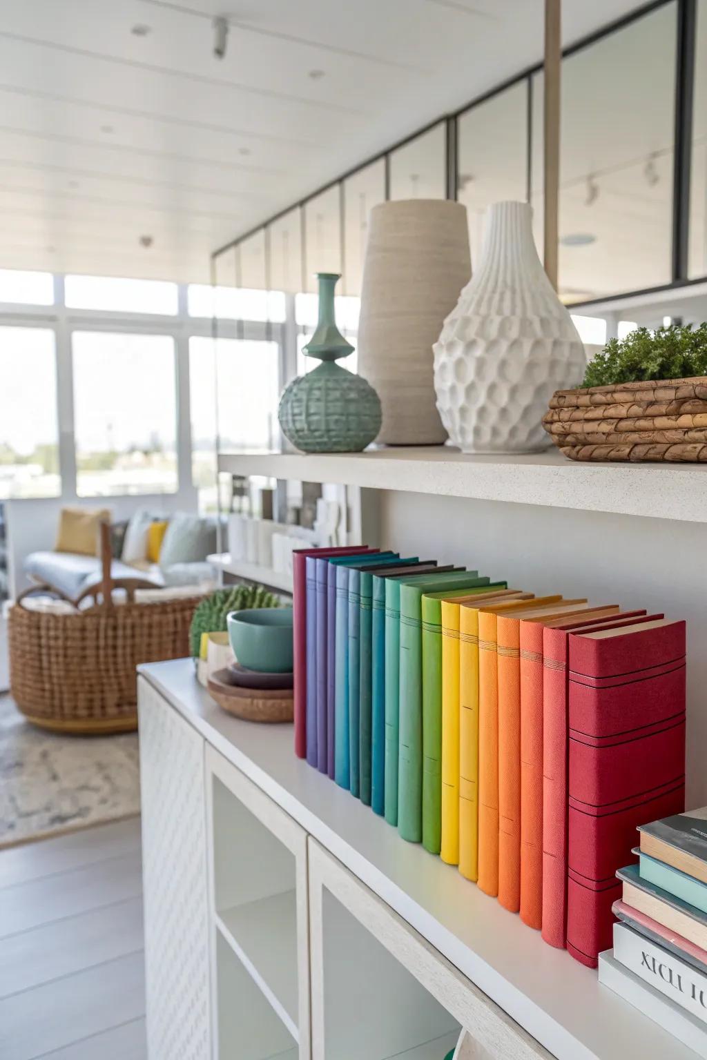 Color-coordinated shelves create a harmonious and visually appealing display.