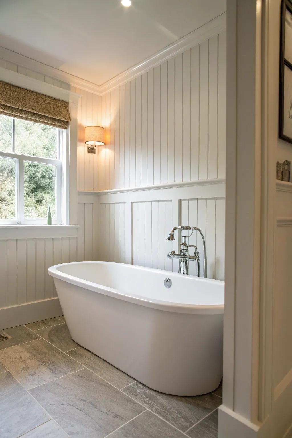 A chic bathroom with white shiplap wainscoting for a fresh and clean look.