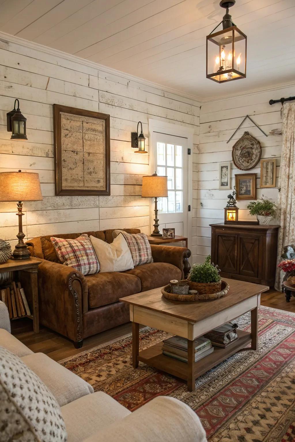 A living room featuring a wall made from salvaged shiplap.