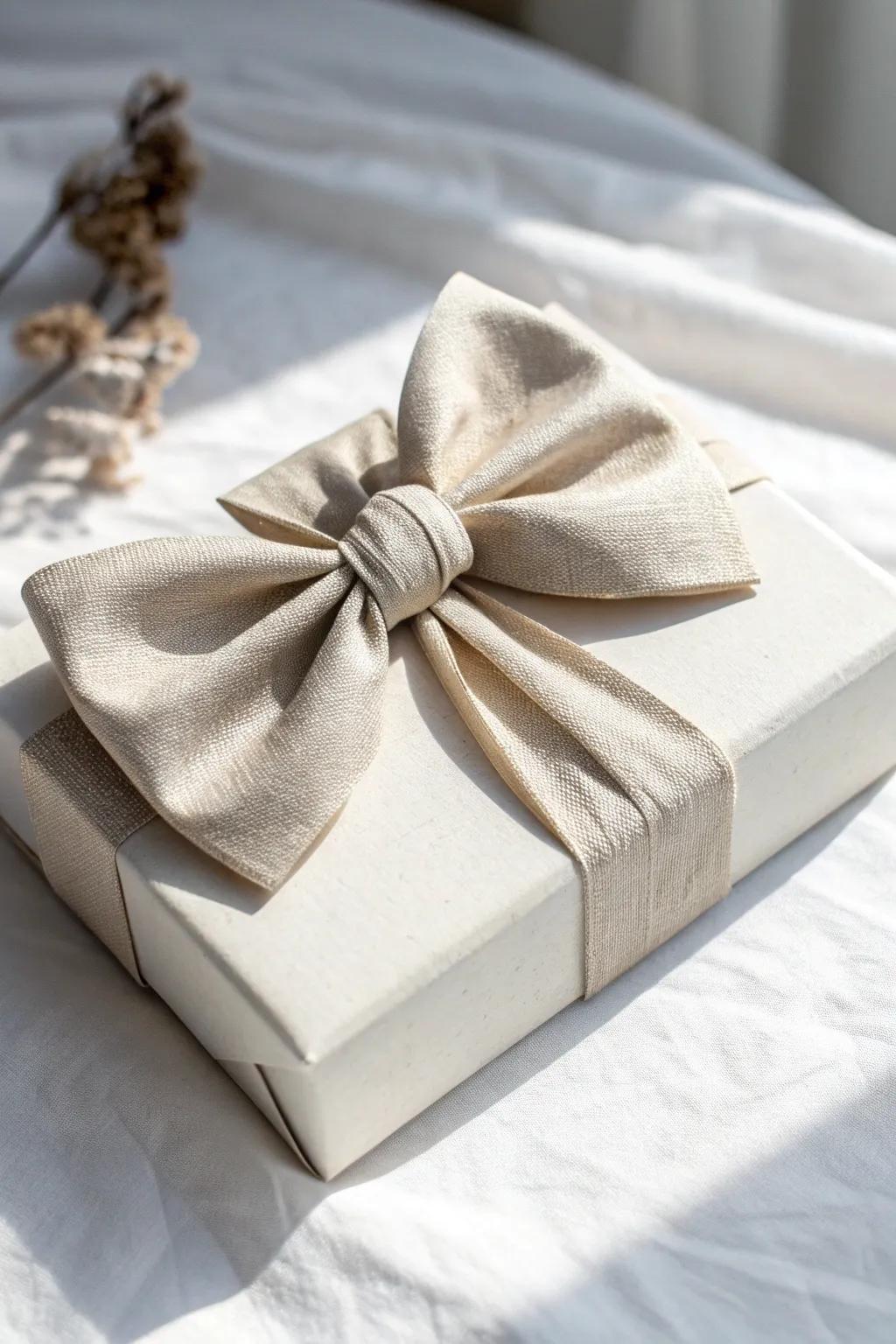 Elevate your gift wrapping with a chic fabric bow tie, adding a personal touch of elegance.