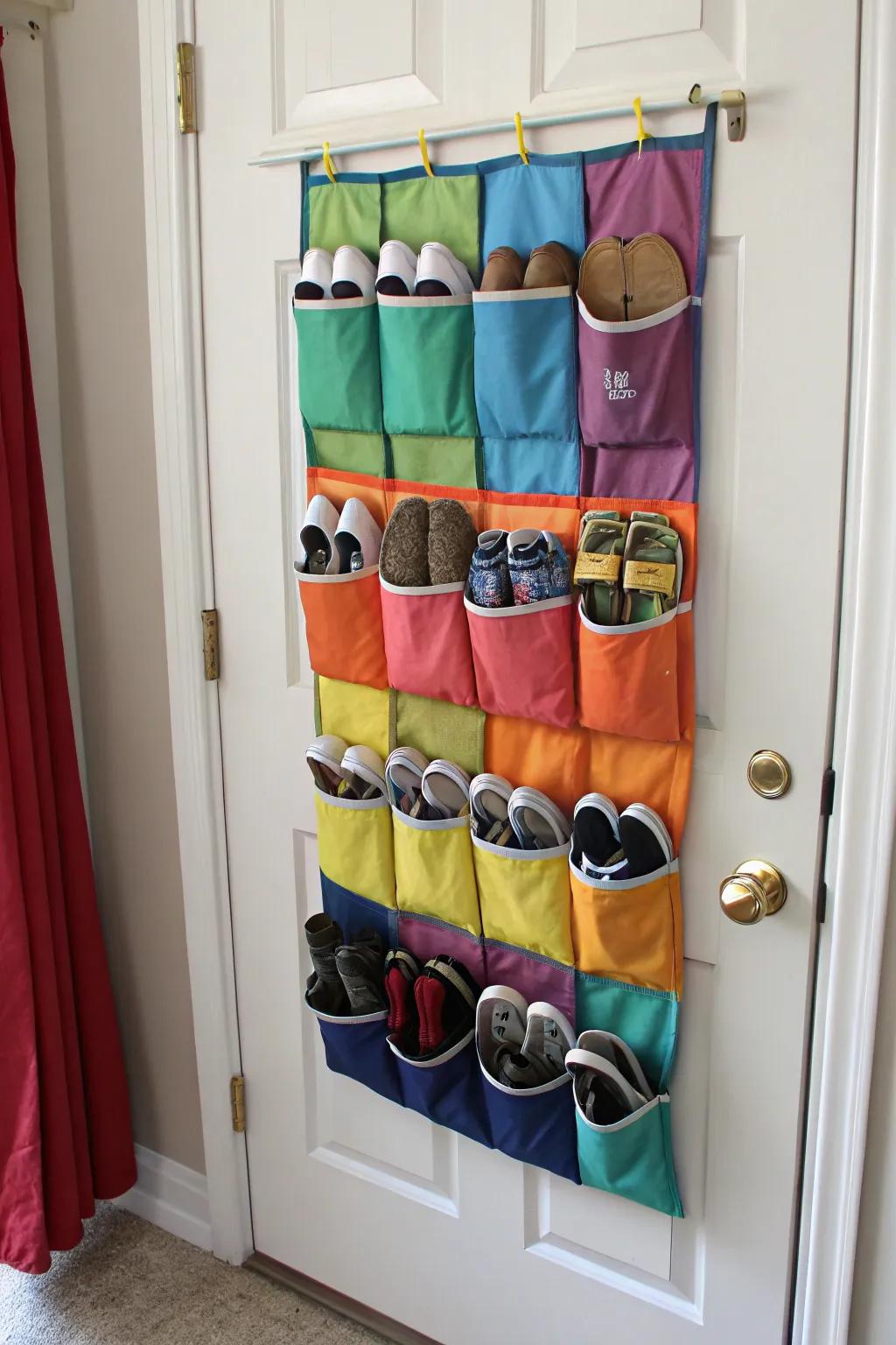 Maximize space with an over-the-door shoe organizer.