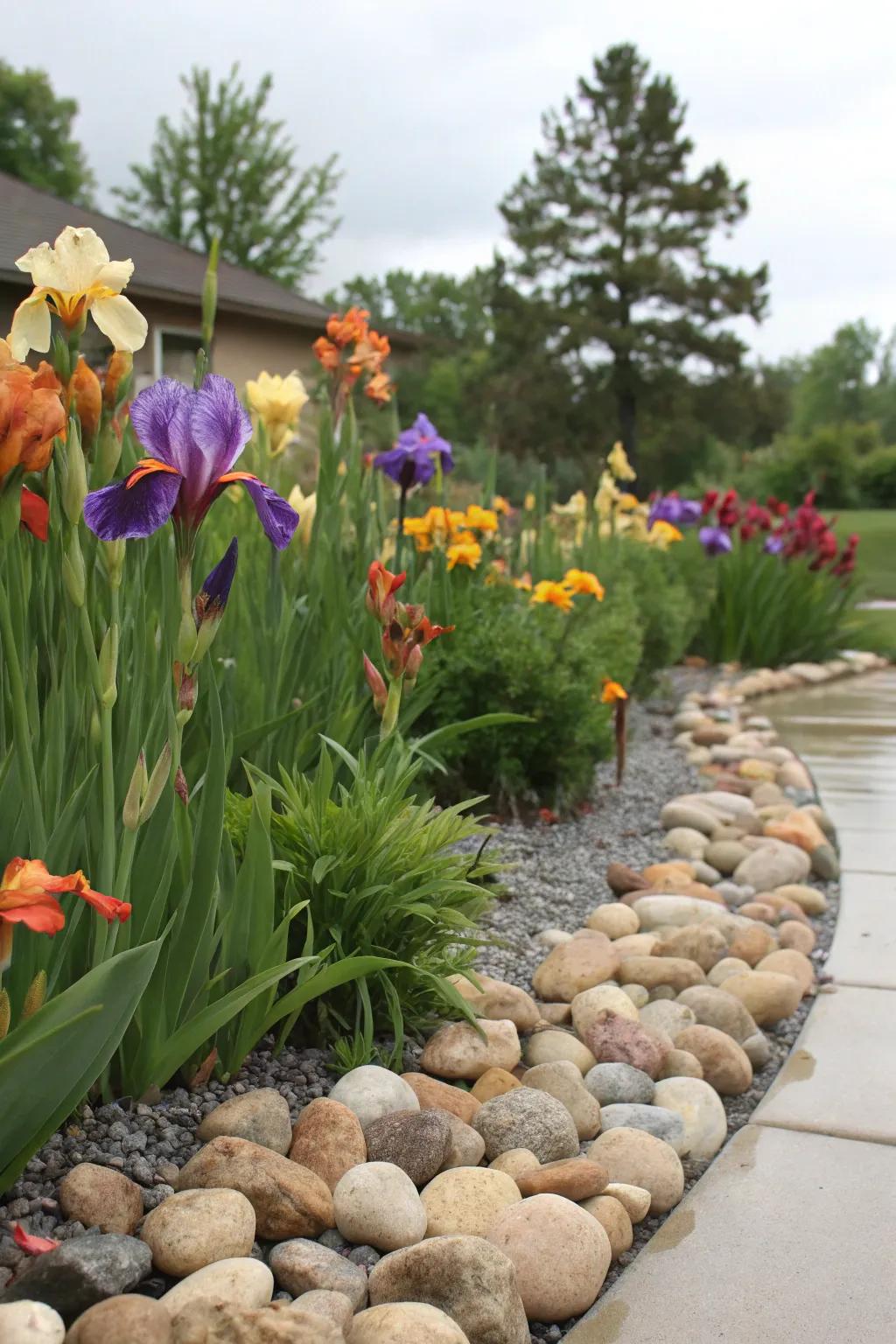 A lush rain garden capturing and filtering stormwater with elegance.