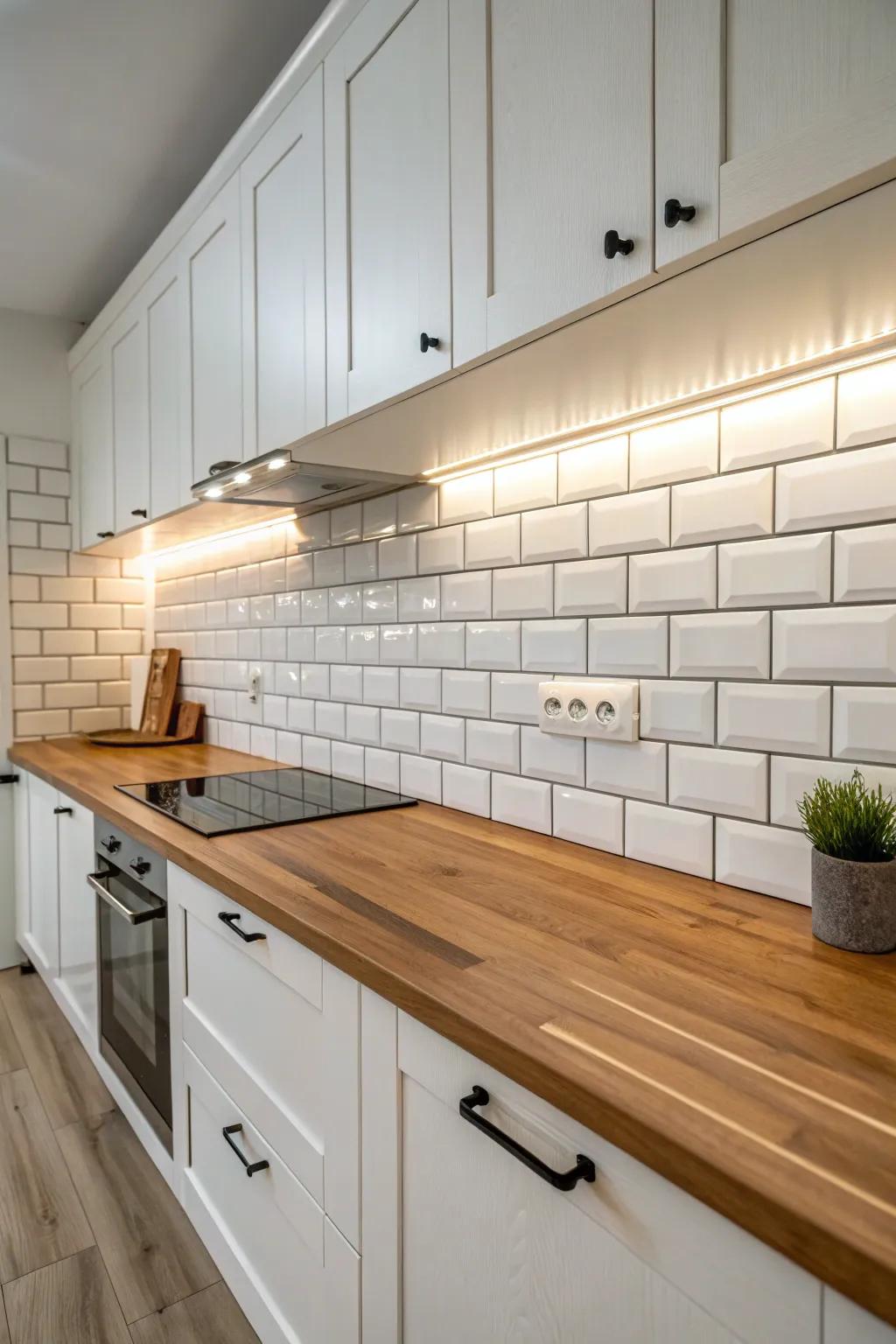 Subway tiles provide a timeless backdrop to this cozy kitchen setting.