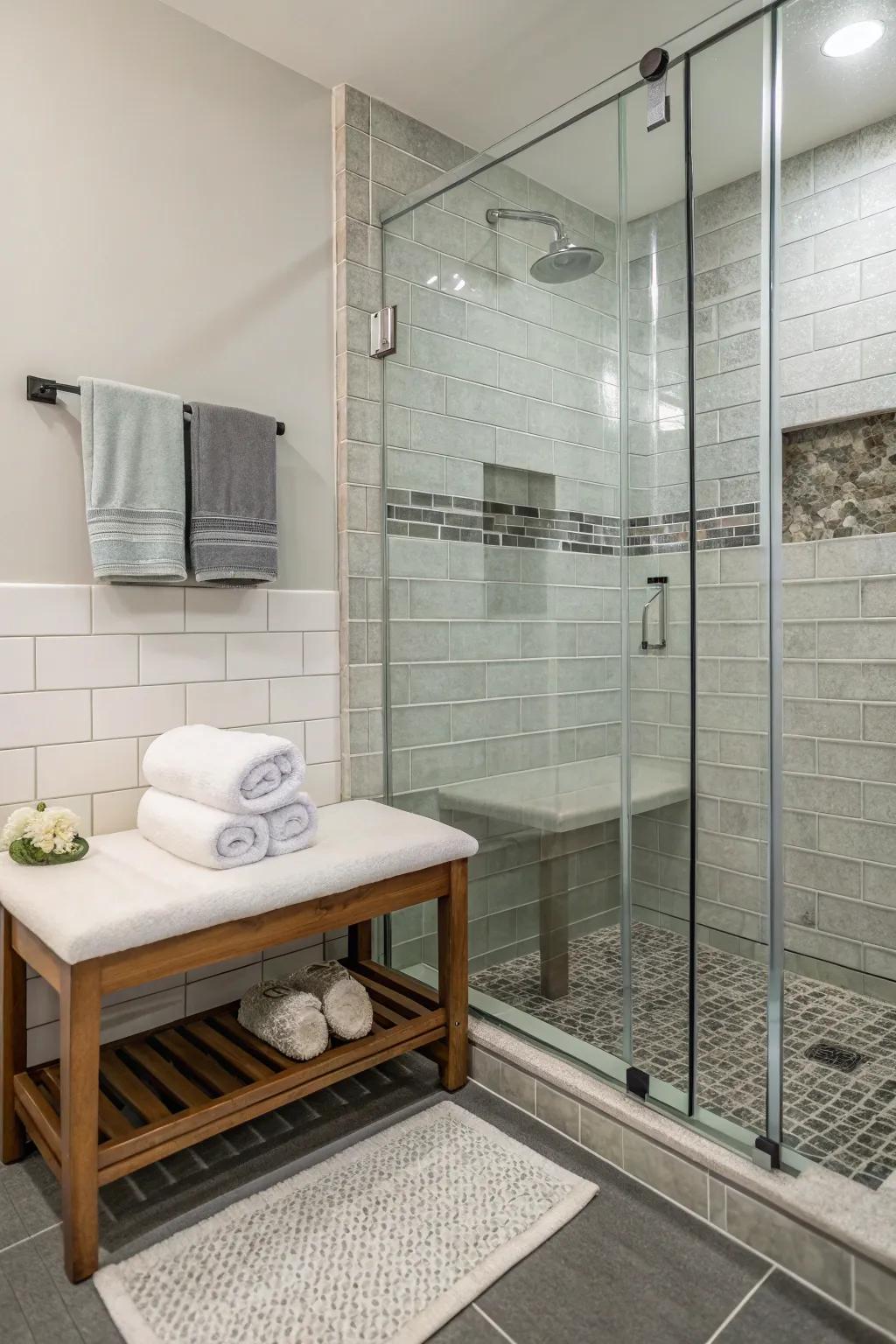 Maximize space with a corner shower bench.