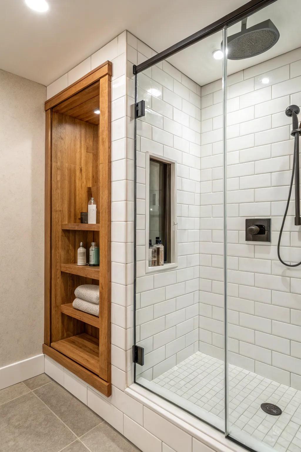 A wood-framed shower niche adds warmth and natural beauty to any bathroom.