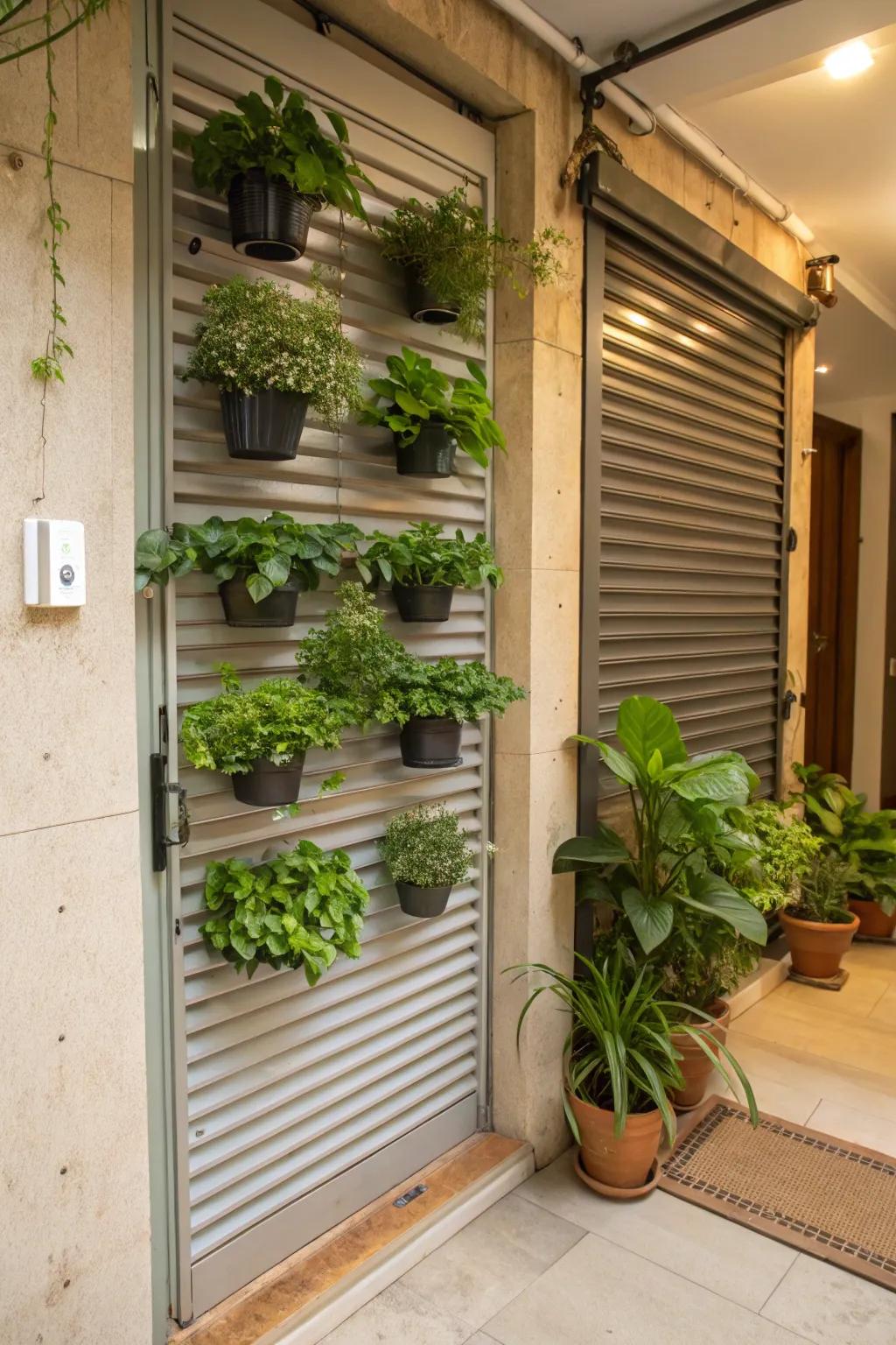 An indoor garden with shutter door planters.