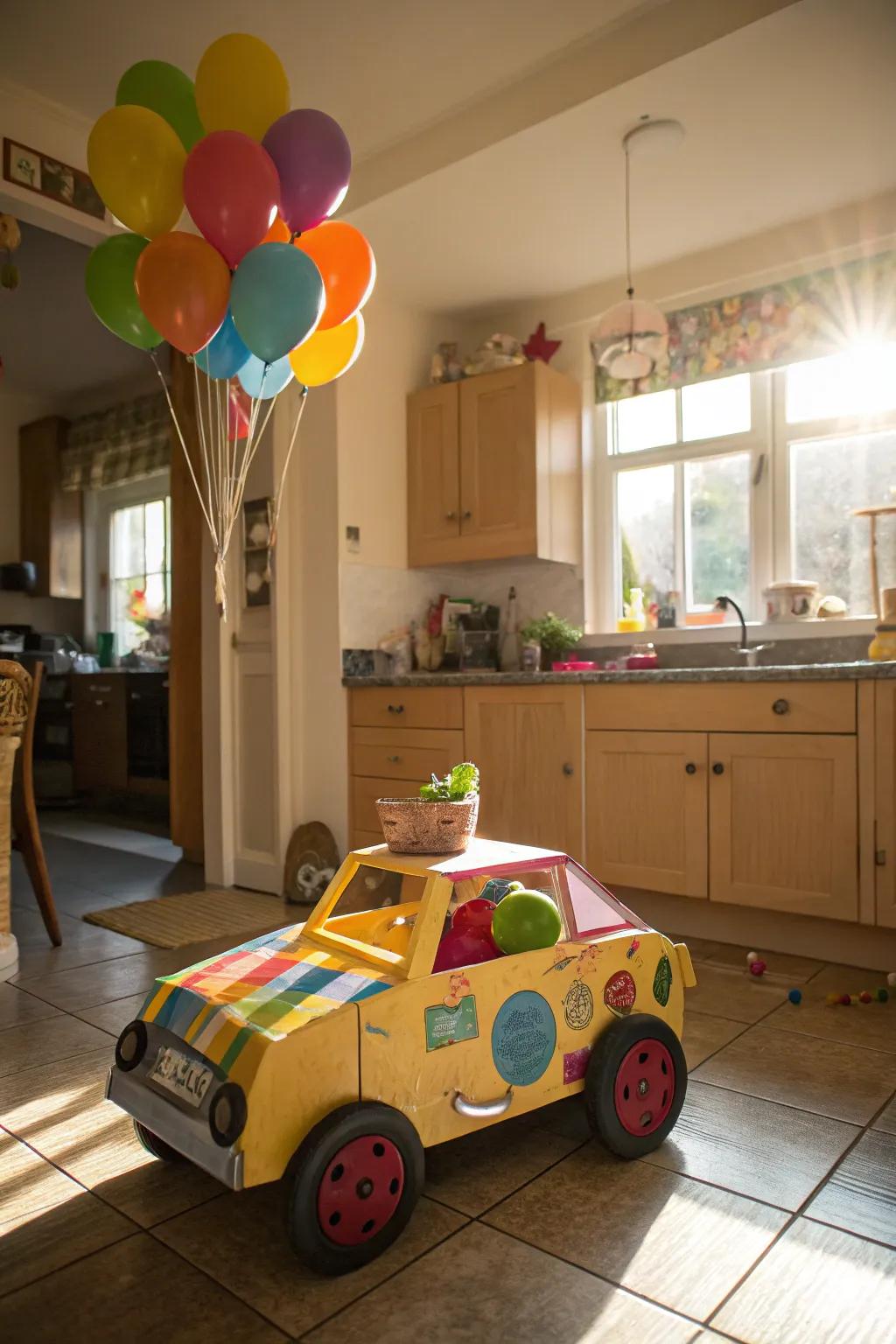 A vibrant balloon-powered car ready to race