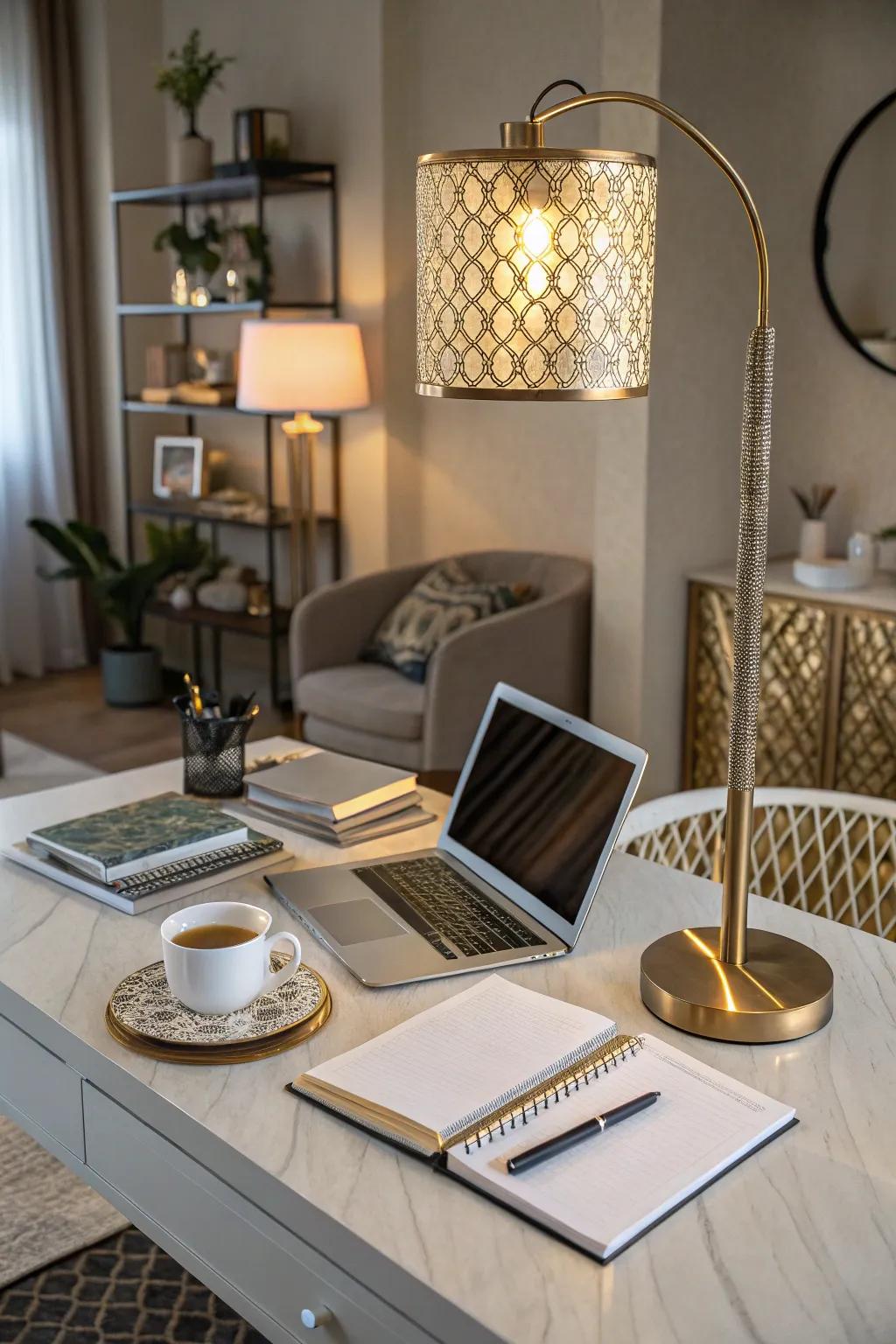 A stylish lamp can transform your workspace with warmth and character.