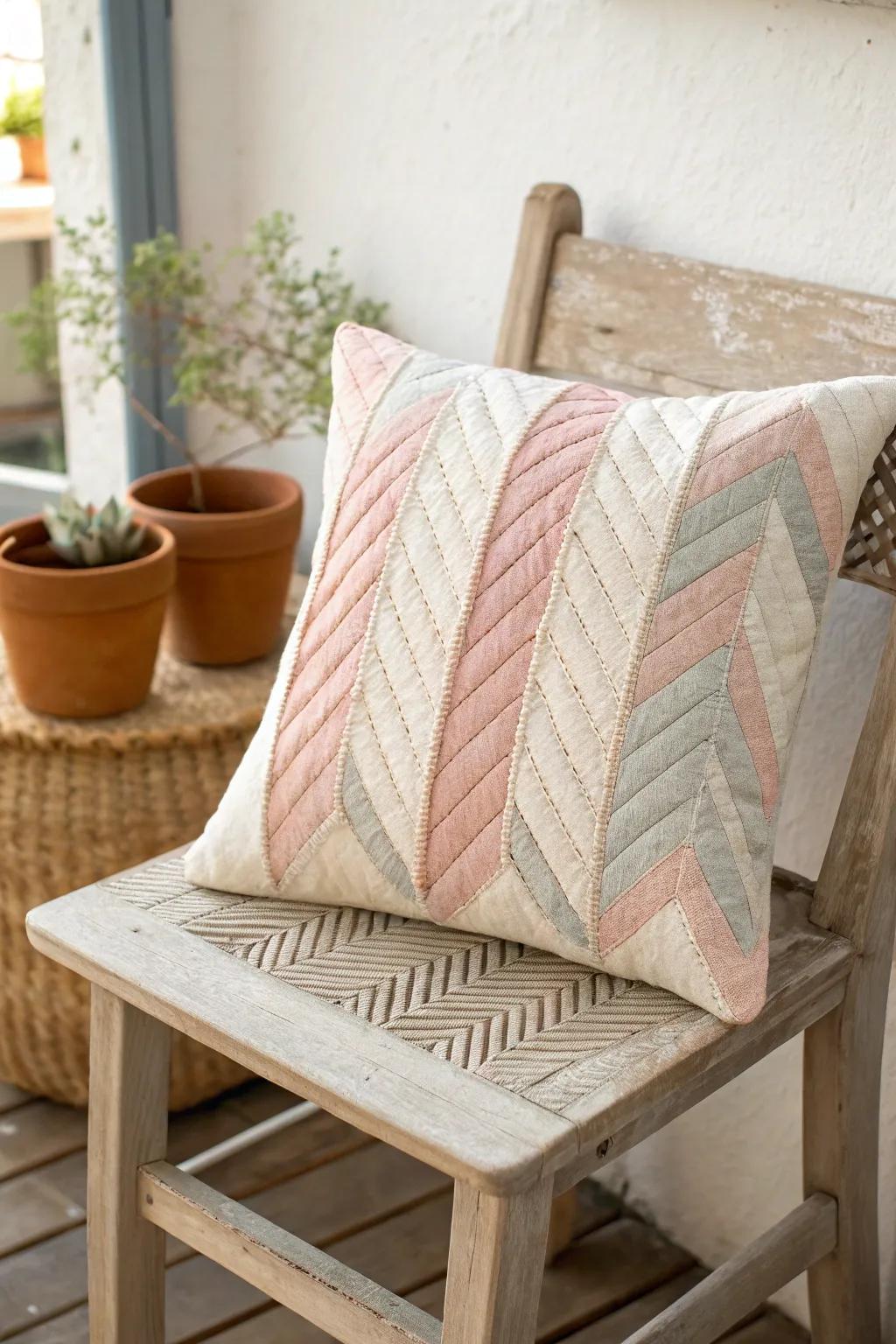 Embrace the soothing flow of chevron waves with this elegant patchwork cushion.