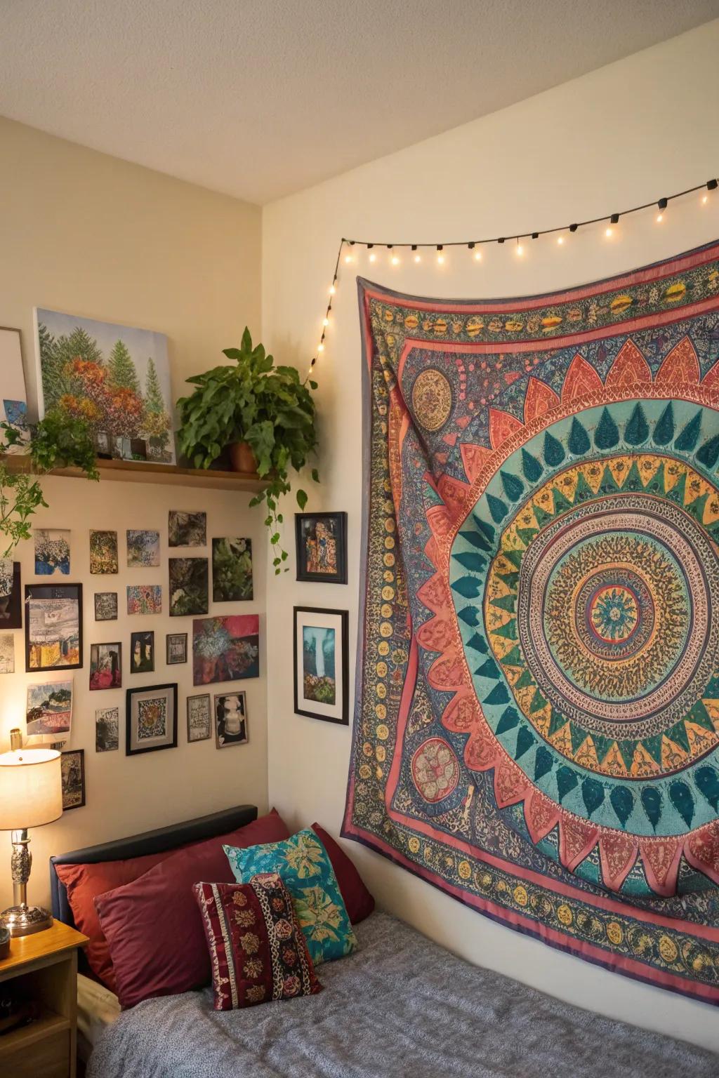 A vibrant tapestry adds a splash of color and personal style to a dorm room.