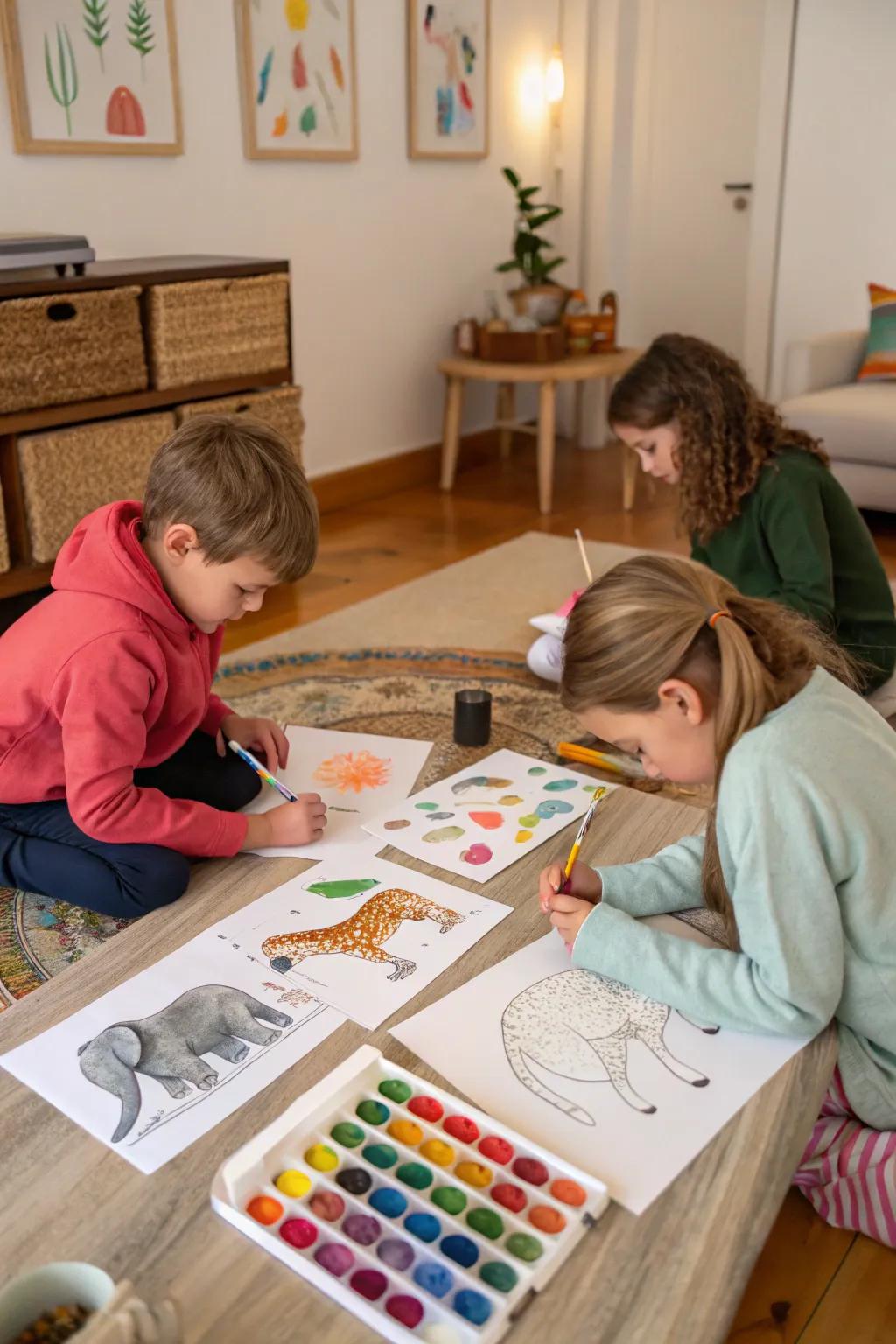 Children painting their favorite animal portraits