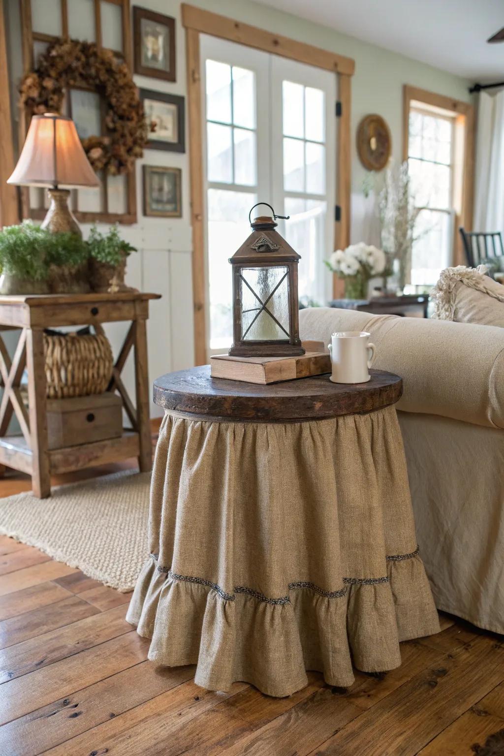 A rustic side table with a burlap skirt that adds texture and charm to a farmhouse living room.