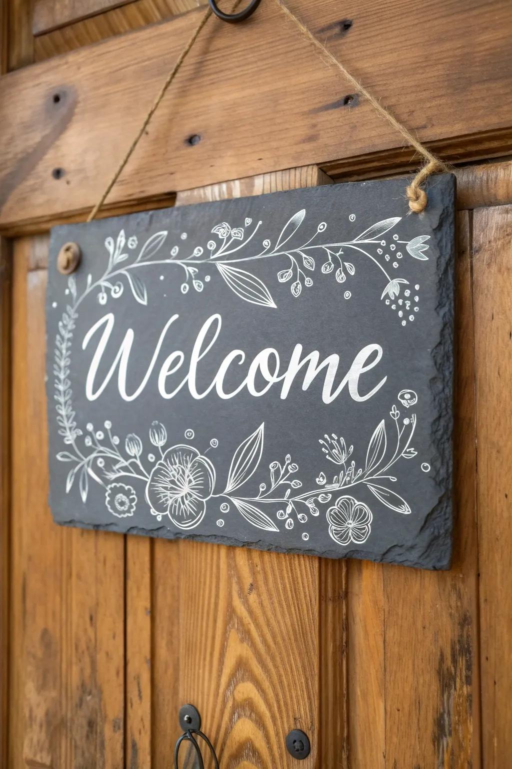 Elevate your porch with a handcrafted slate welcome sign, a perfect blend of nature and artistry.