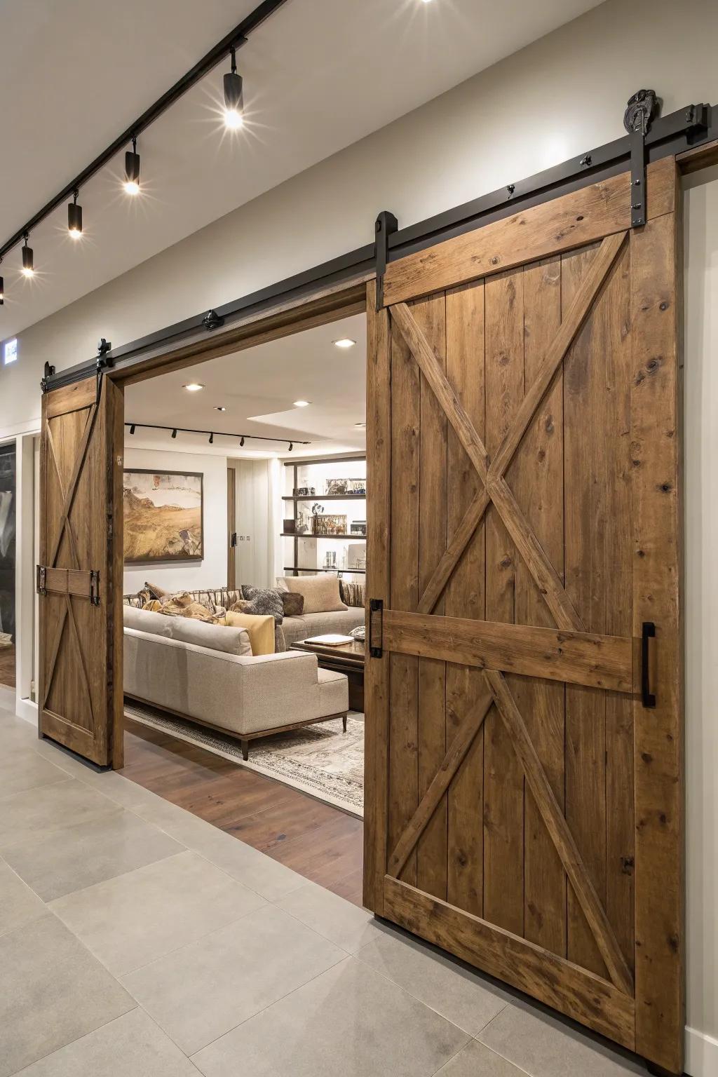 Barn-style sliding doors blend rustic charm with modern elegance.