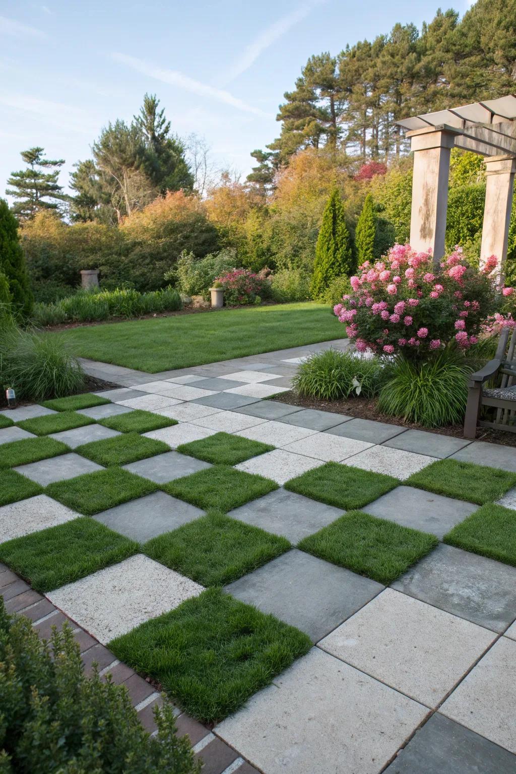 A checkerboard pattern of grass and pavers adds a playful touch to the garden patio.