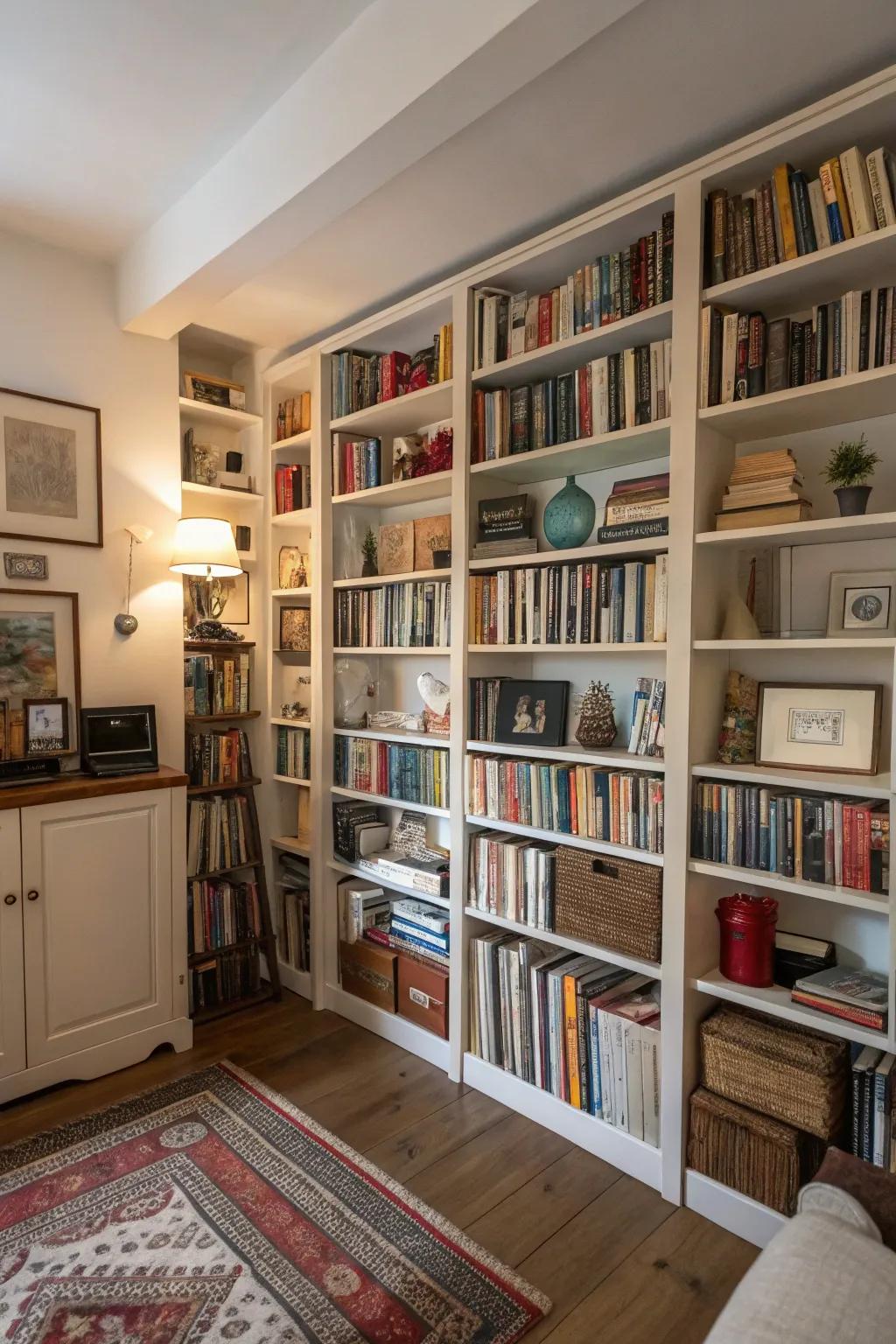 Floor-to-ceiling bookcases in a small apartment maximize storage and style.