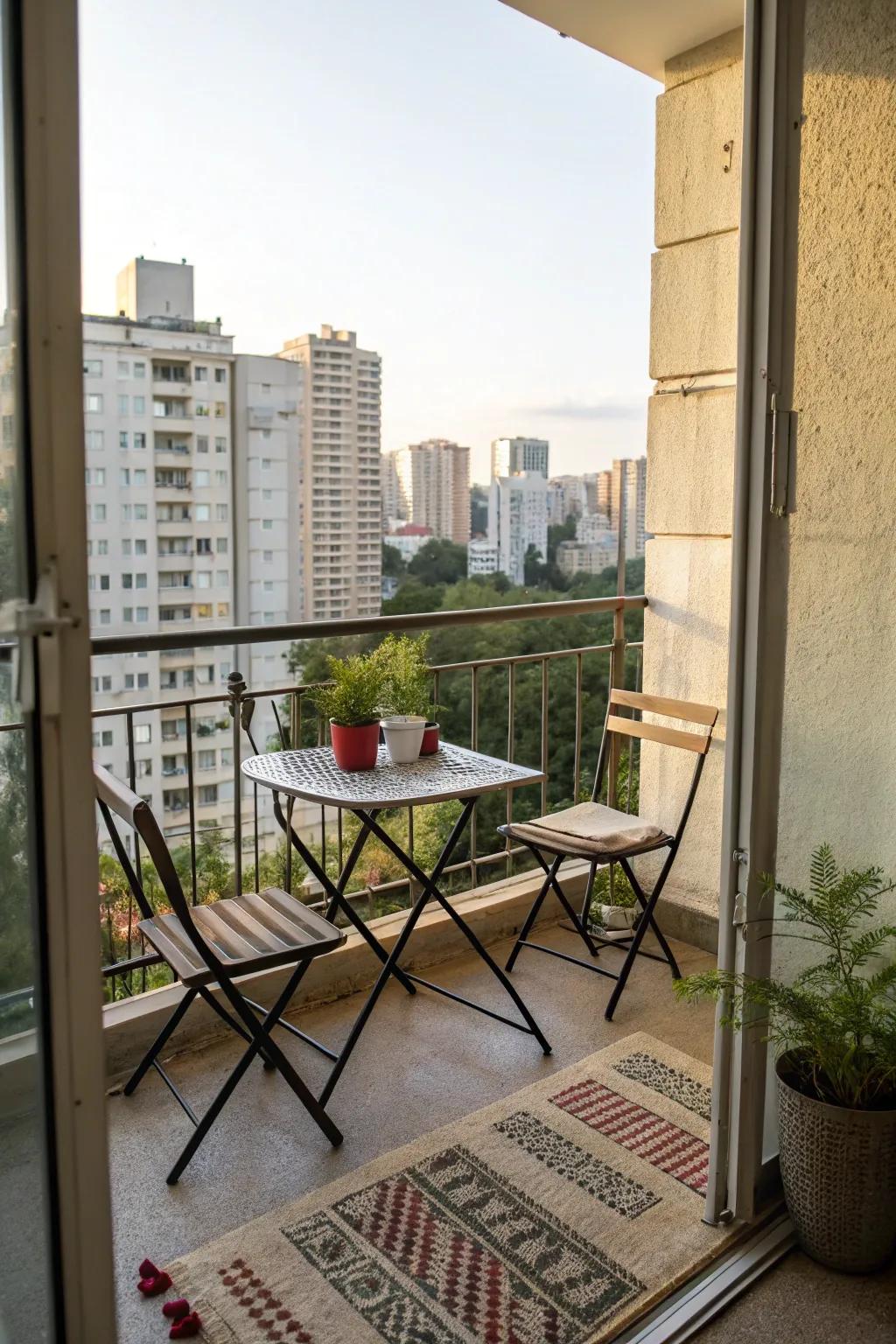 Foldable furniture provides flexibility on a small balcony.