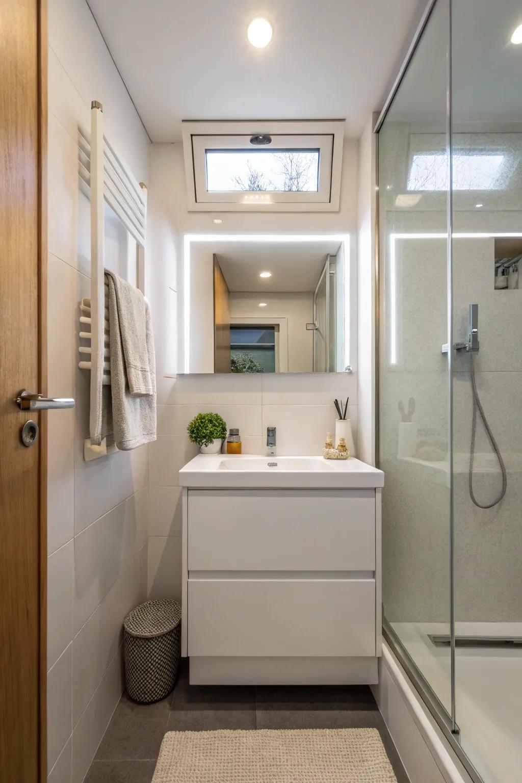 A floating vanity adds elegance and space to compact bathrooms.