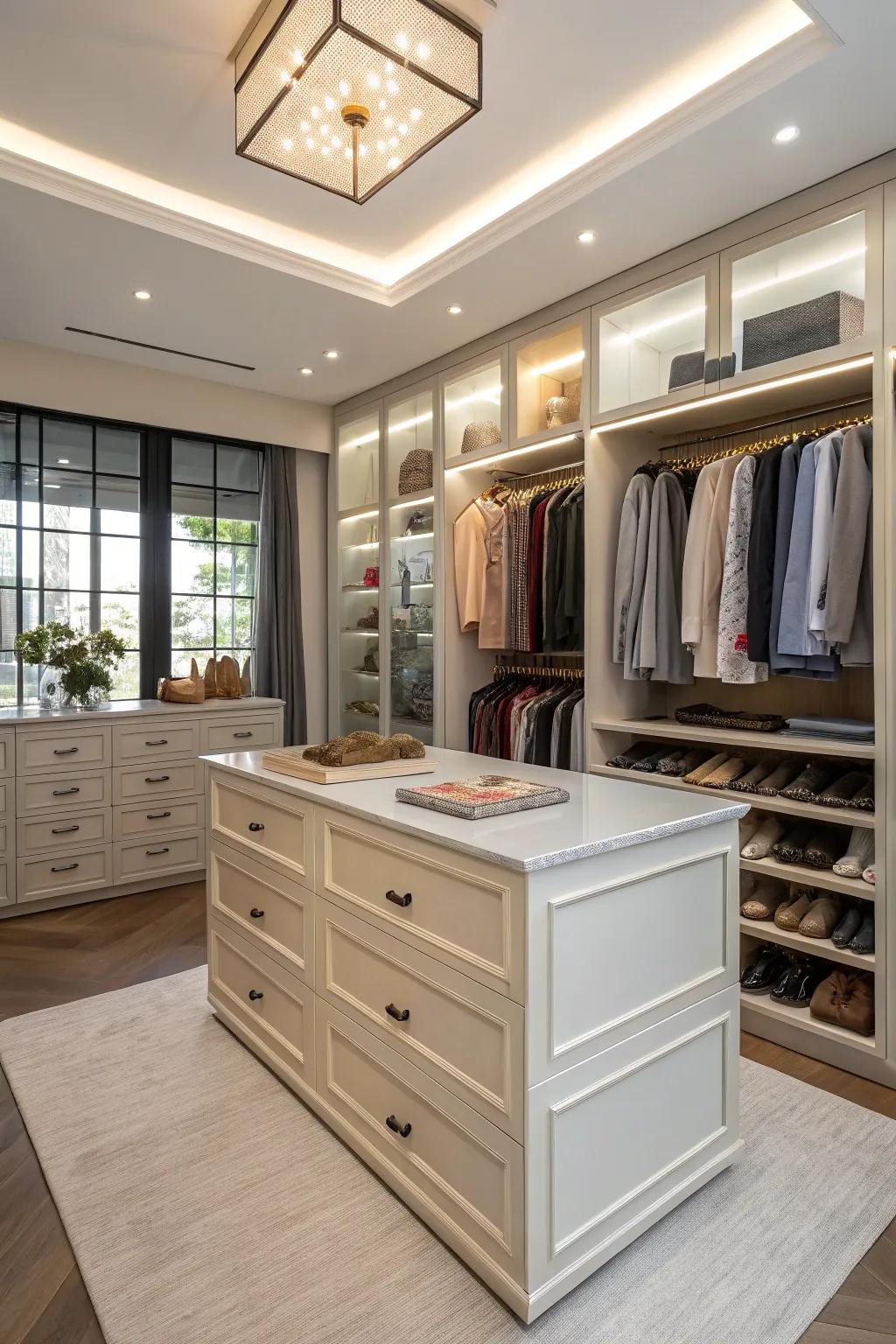 A center island brings functionality and elegance to a closet.