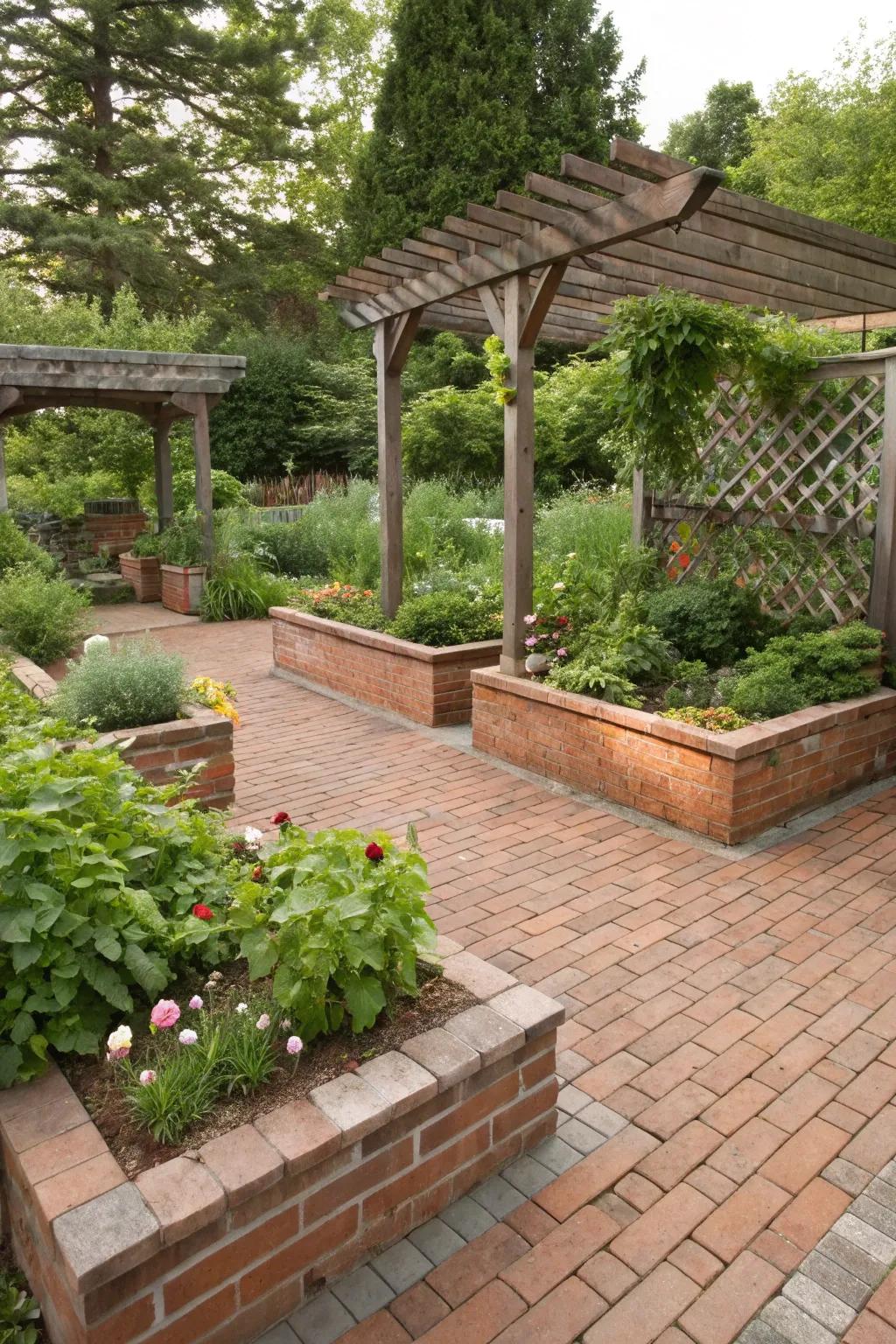 A brick patio with raised garden beds and a small pergola.