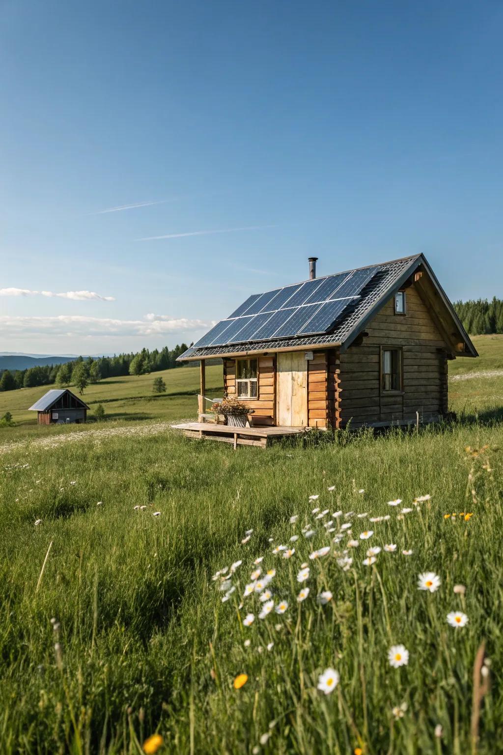 An off-grid cabin powered by solar energy, perfect for sustainable living.