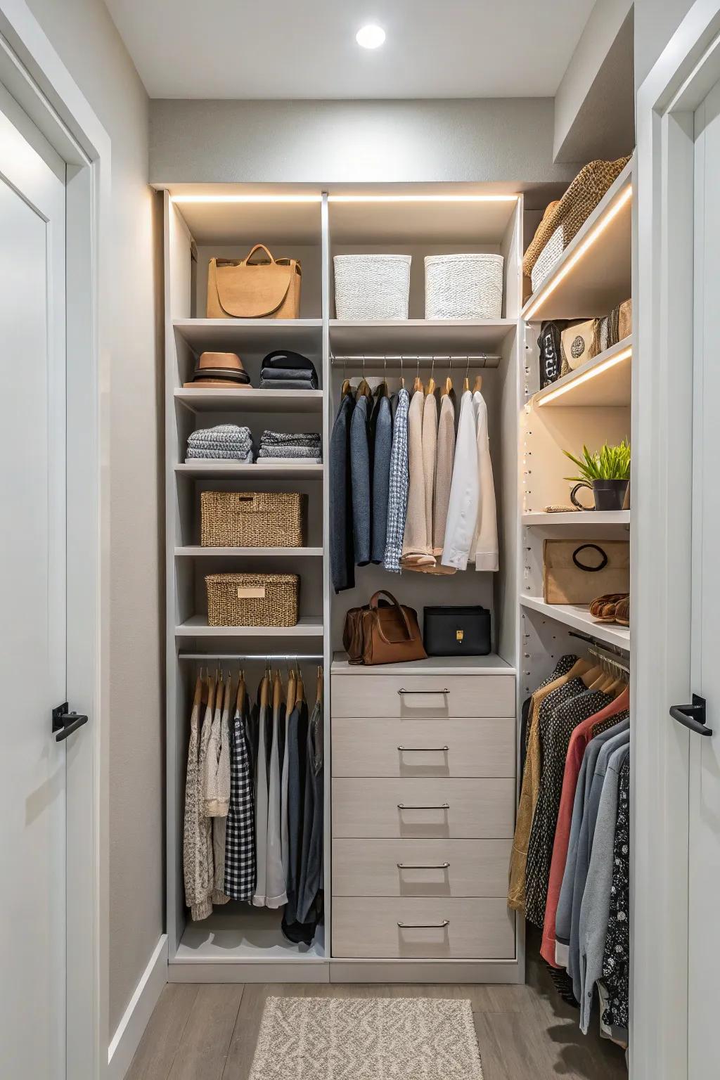 Adjustable systems provide flexibility and efficiency in a small closet.