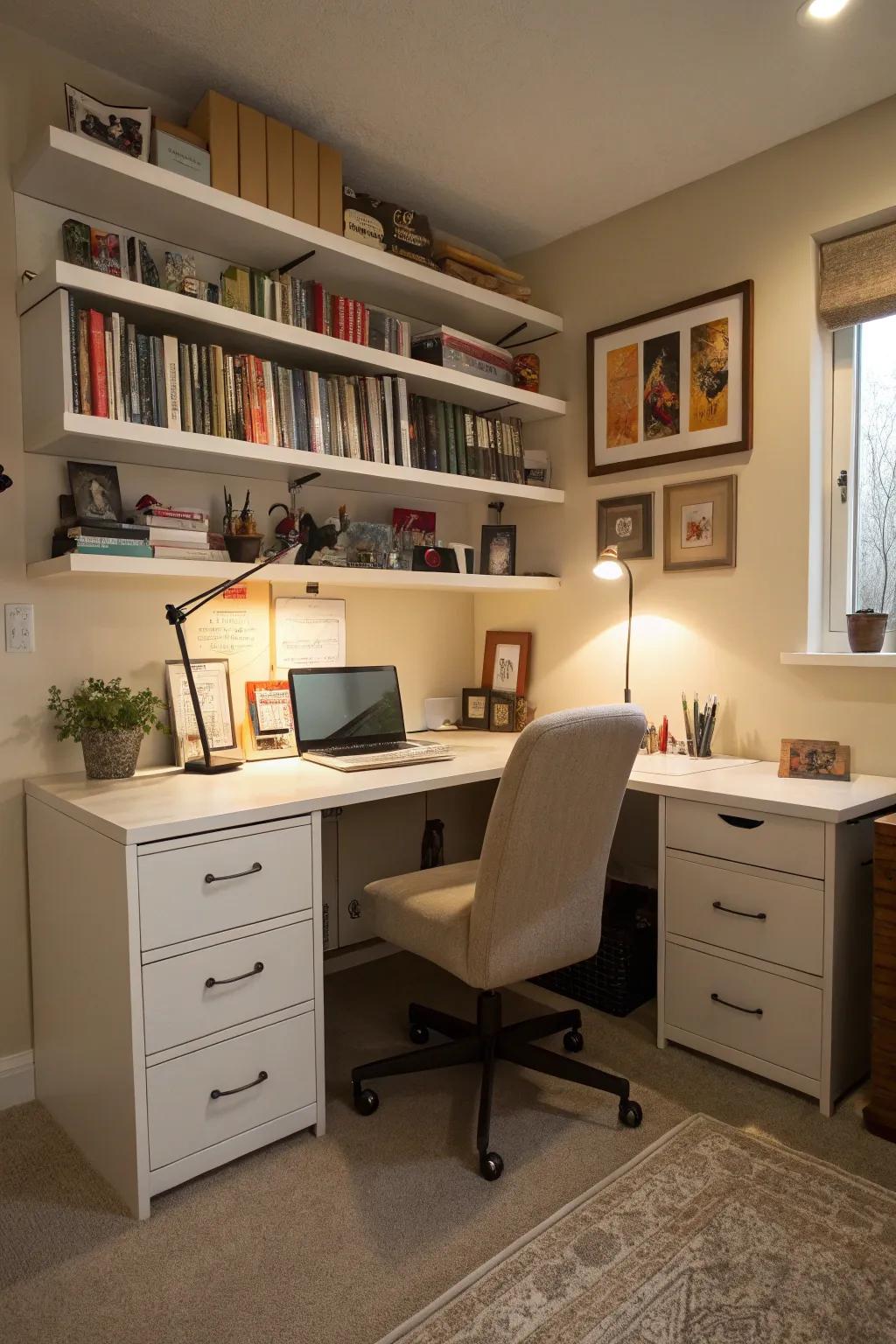 An L-shaped desk makes efficient use of corner space.